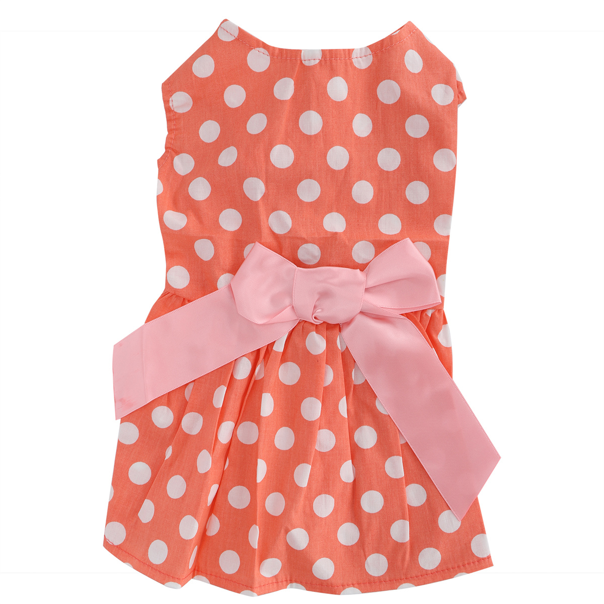 Ein orangefarbenes Kleid mit weißen Punkten und rosa Schleife. Das Kleid ist für einen Hund.