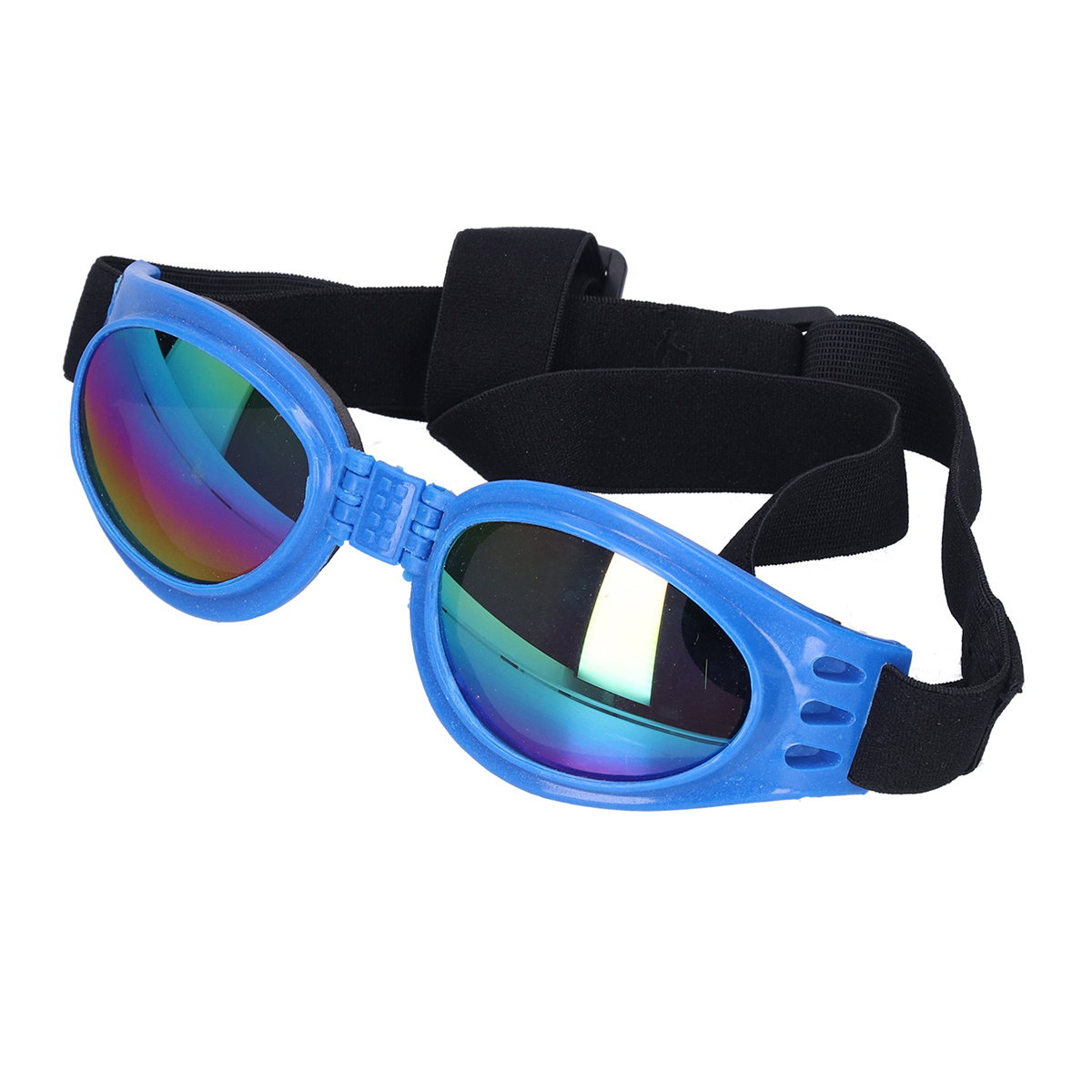 Blaue Hundebrille mit reflektierenden Gläsern und schwarzem Riemen, isoliert auf weißem Hintergrund.