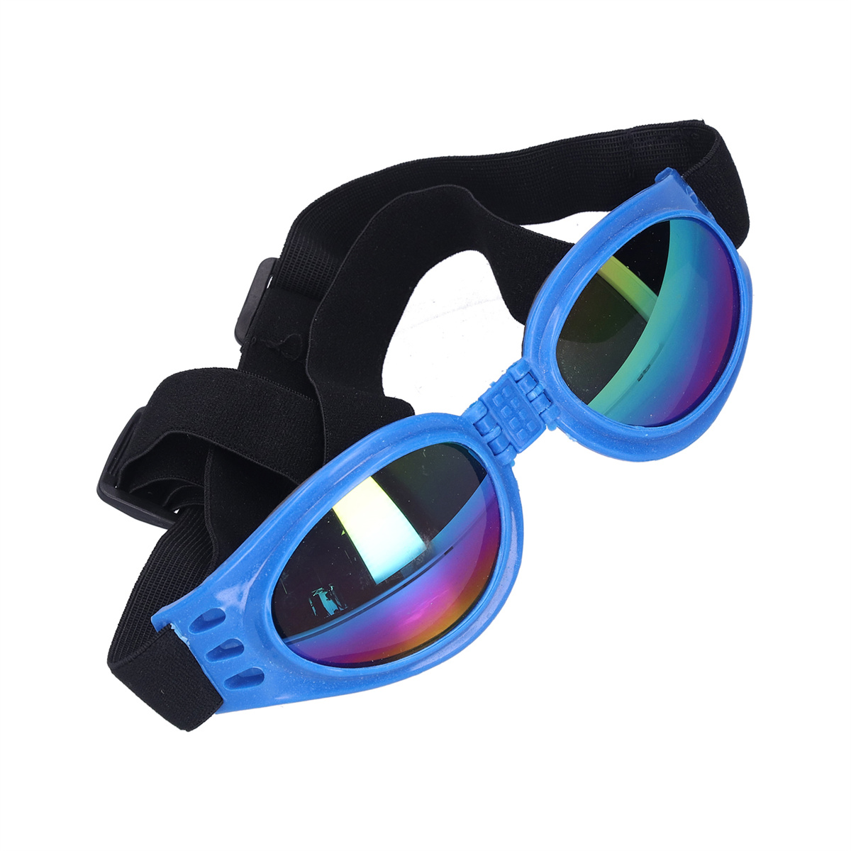 Blaue Hundebrille mit reflektierenden Gläsern und schwarzem Riemen wird gezeigt.