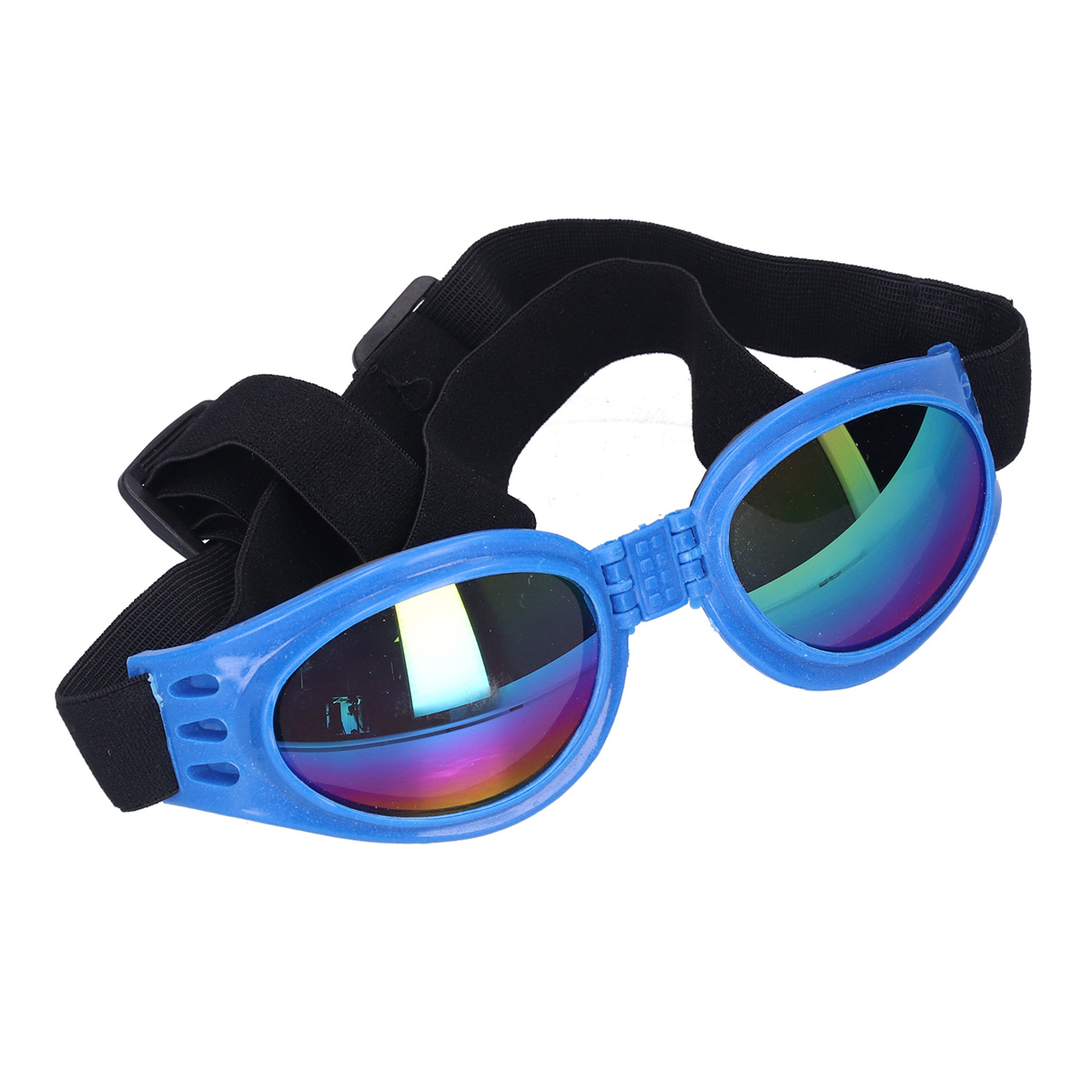 Blaue Hundegläser mit schwarzem Riemen und Regenbogenlinsen.