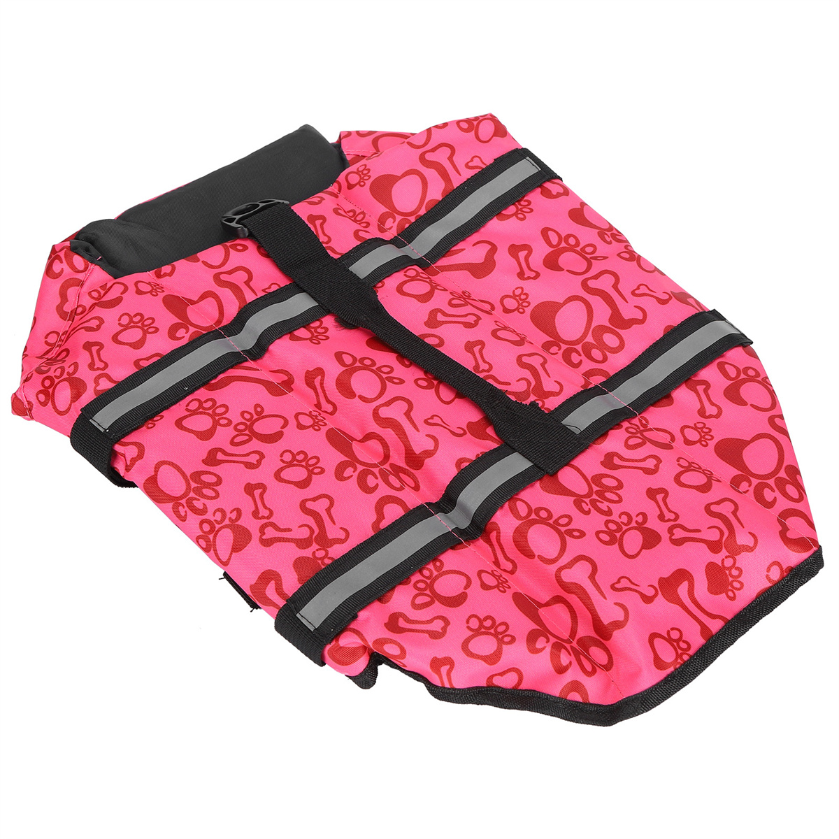 Eine rosa Hunde-Schwimmweste mit Pfoten- und Knochenmustern.