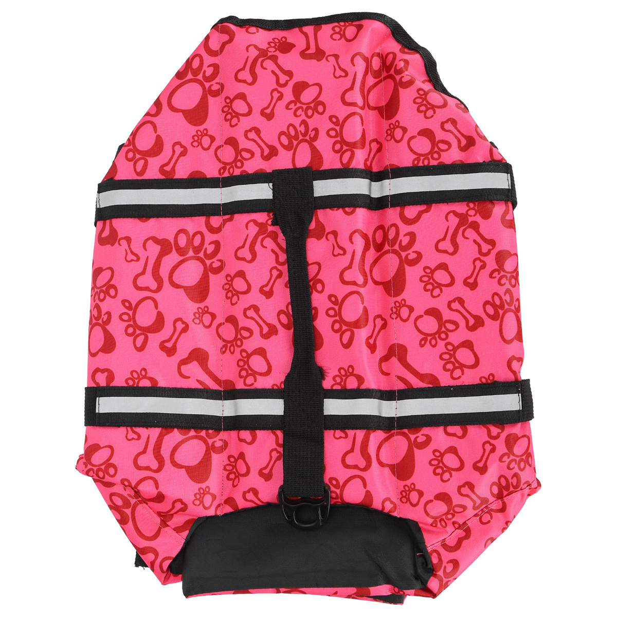 Rosa Hunde-Schwimmweste mit roten Pfotenabdrücken und Knochen. Mit reflektierenden Streifen und schwarzen Gurten.