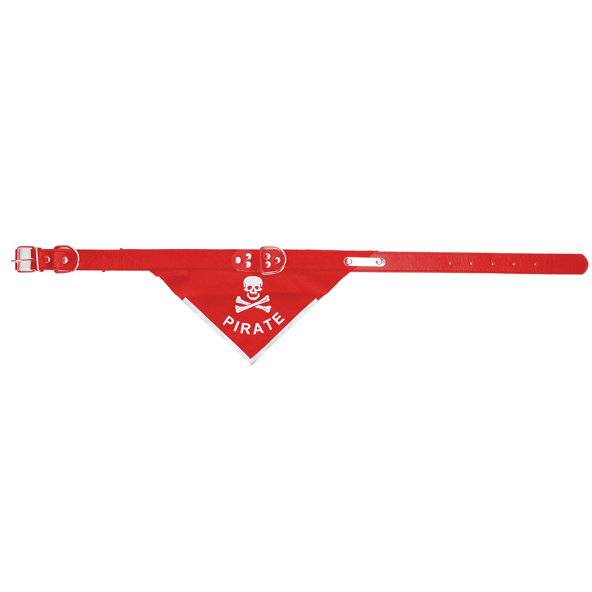 Rotes Hundehalsband mit Piraten-Bandana und weißem Totenkopf-Symbol.