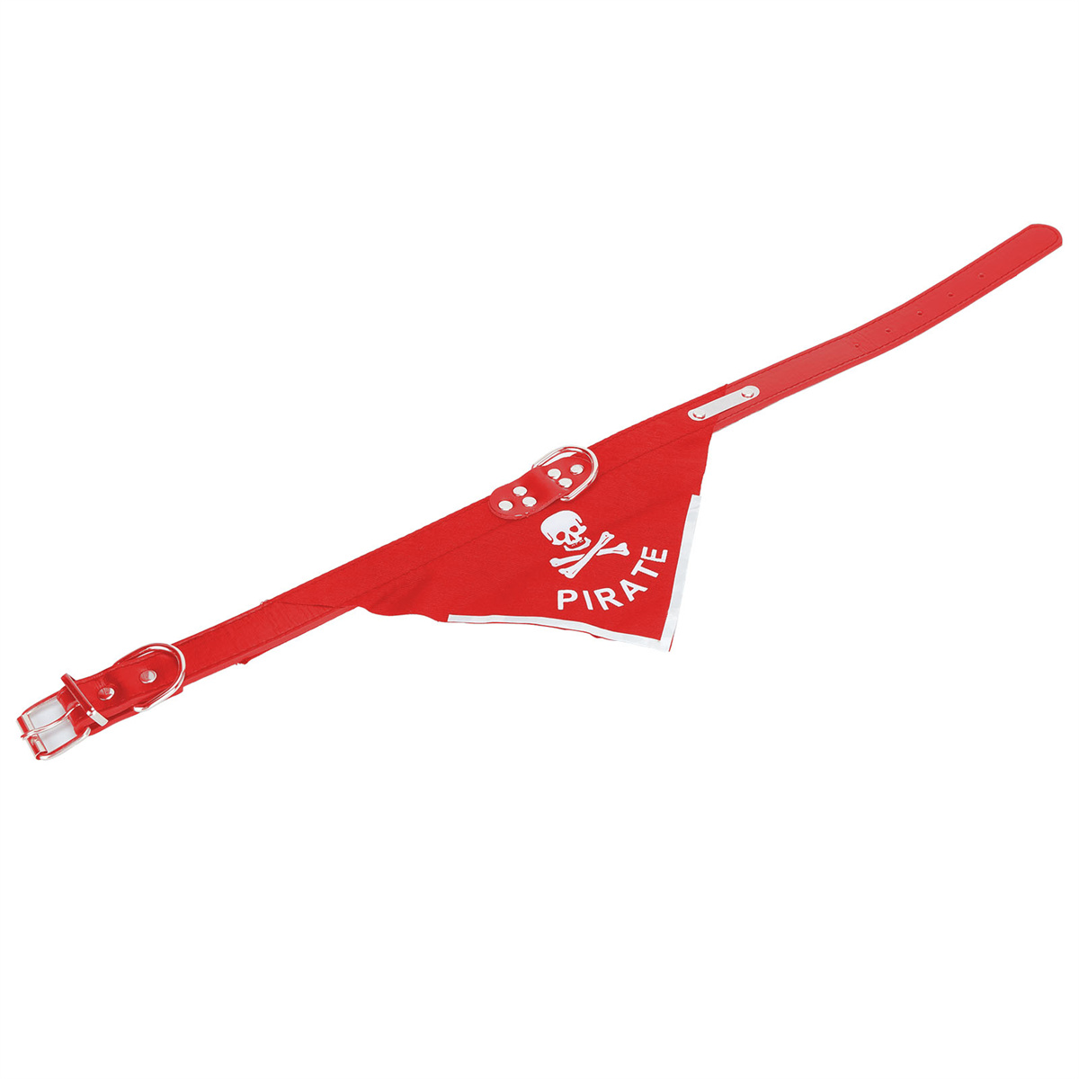 Rotes Piraten-Halsband mit Totenkopf-Flagge. Das Halsband ist auf weißem Hintergrund.