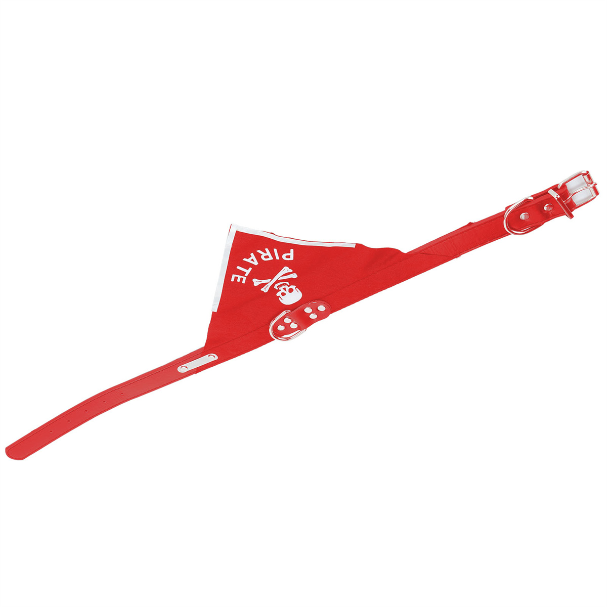 Ein rotes Hundehalsband mit 'PIRAT' und Totenkopf. Hat weiße Akzente und eine Schnalle.