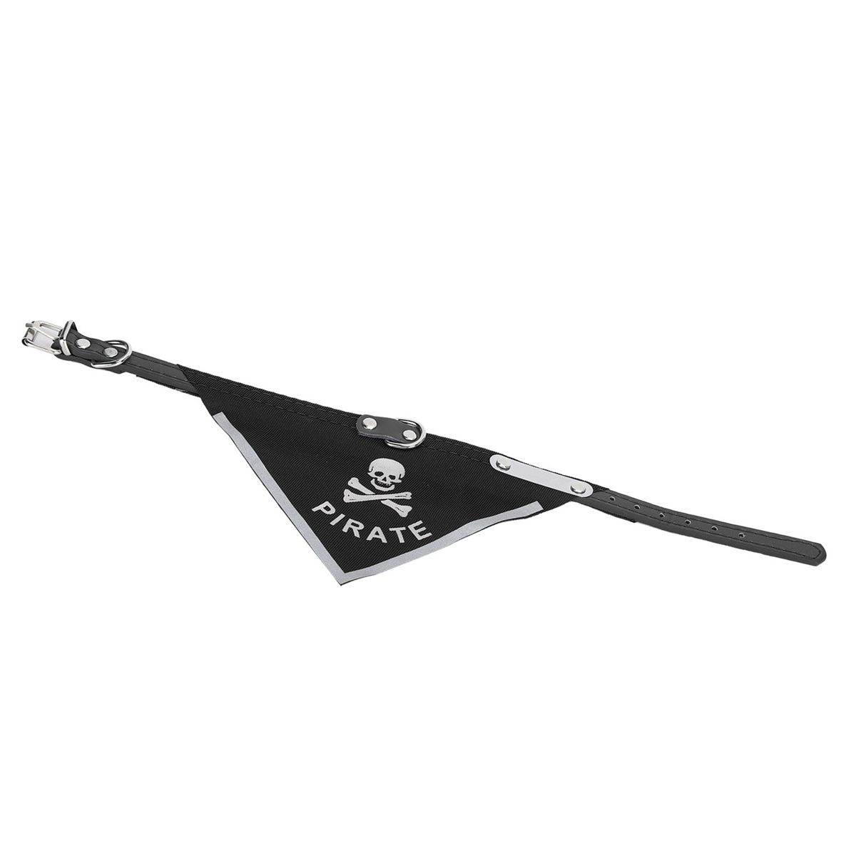 Schwarzes Hunde-Bandana mit Totenkopf und gekreuzten Knochen und dem Wort 'PIRATE'.