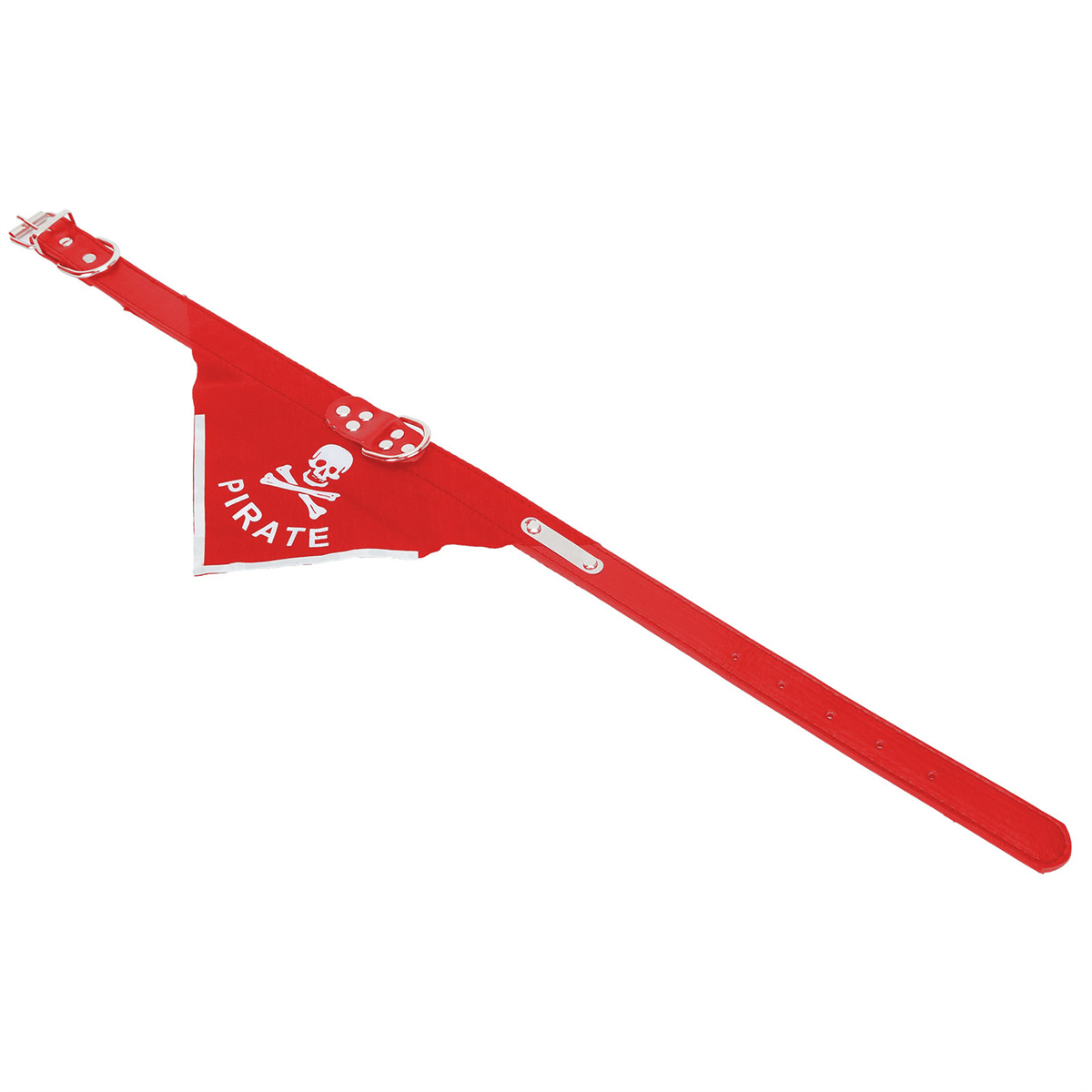 Ein rotes Hundehalsband mit einem weißen Piratenflaggen-Design und Totenkopf und gekreuzten Knochen.