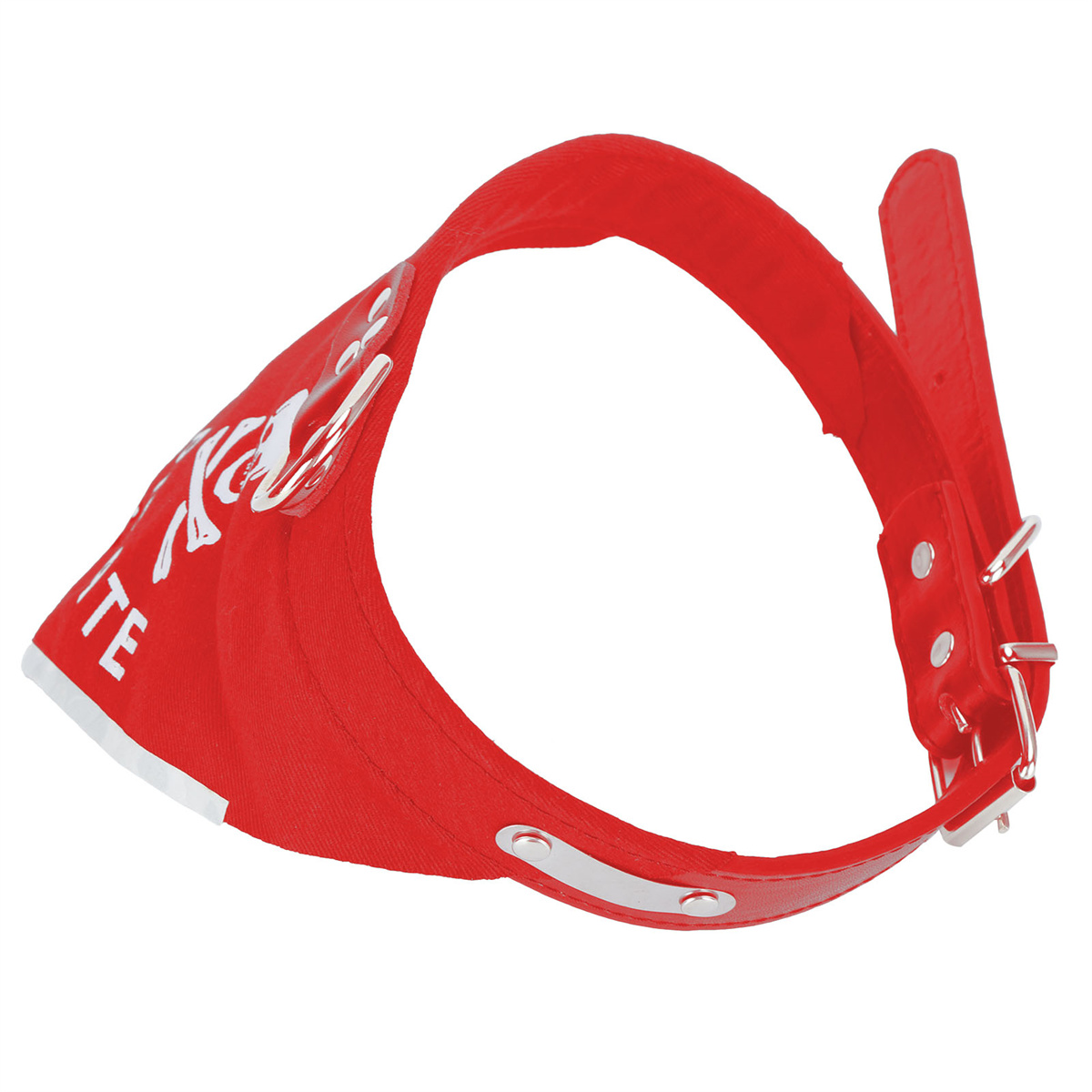 Rotes Hundehalsband mit weißem Text, Coca-Cola-Logo. Lederriemen und Metallschnalle.