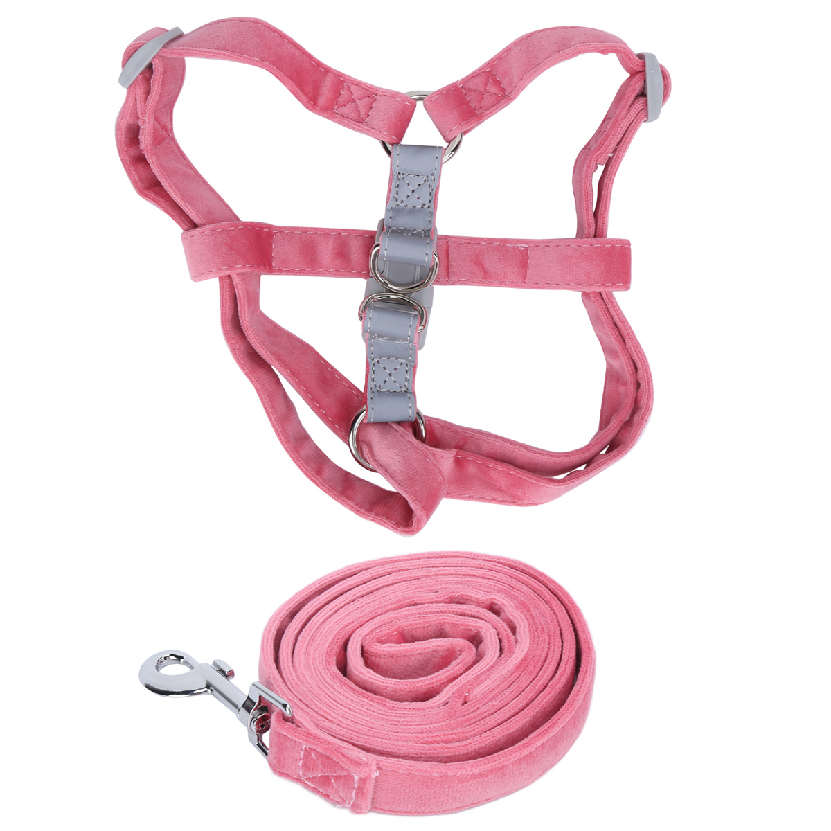 Rosa Hundegeschirr und Leinen-Set. Das Geschirr hat graue Akzente. Weißer Hintergrund.