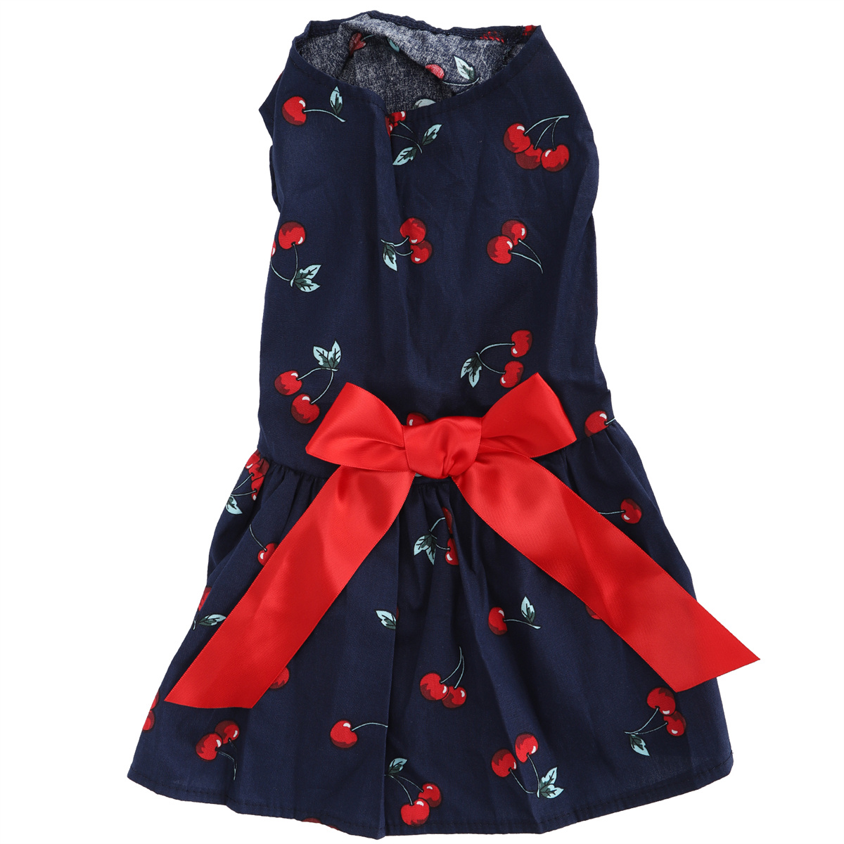 Marineblaues Hundekleid mit roten Kirschen und roter Schleife.