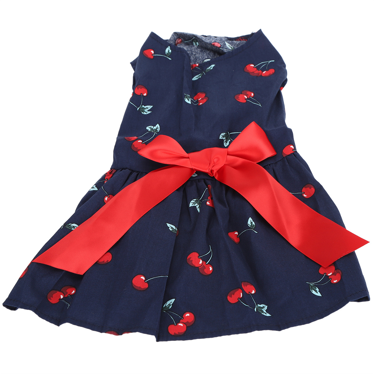 Marineblaues Hundekleid mit roten Kirschen, roter Schleife, weißem Hintergrund.