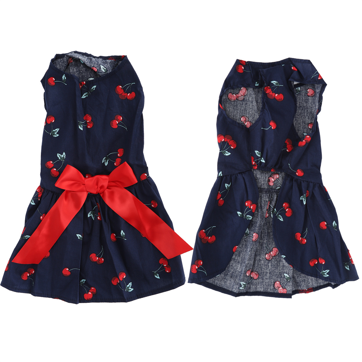 Zwei Haustierkleider. Die marineblauen Kleider haben eine rote Schleife und ein Kirschmuster. Ein Kleid zeigt die Rückseite.