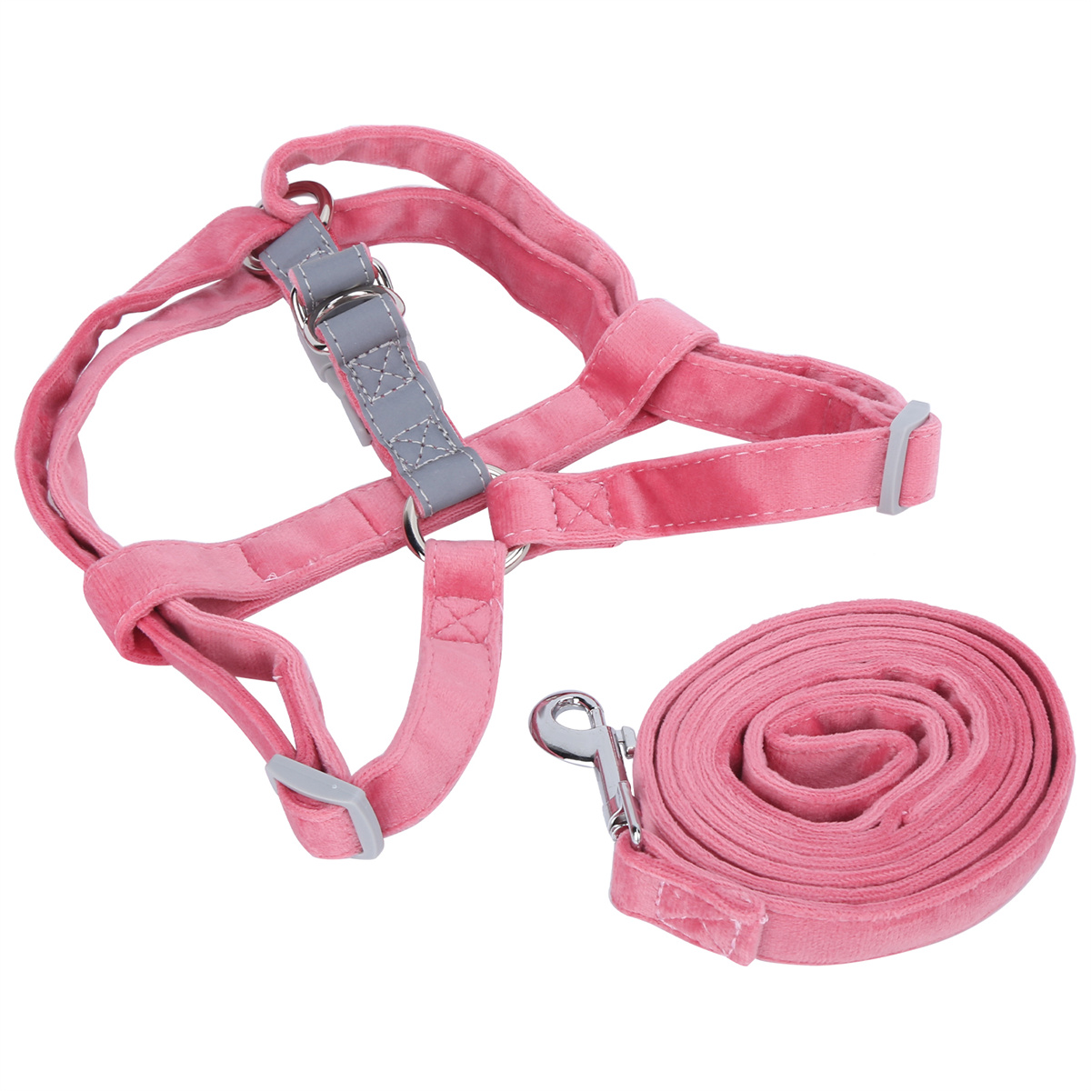 Ein rosa Hundegeschirr und Leinen-Set. Das Geschirr hat graue Akzente und eine passende gerollte Leine.