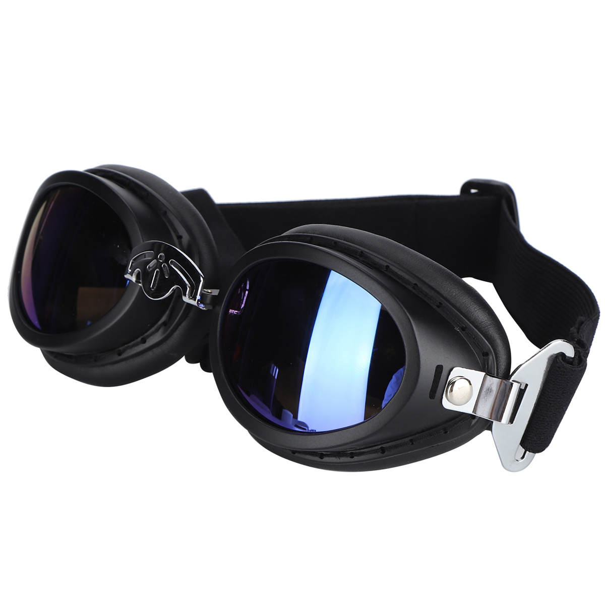 Schwarze Motorradbrille mit reflektierenden blauen Gläsern und einem schwarzen Riemen.