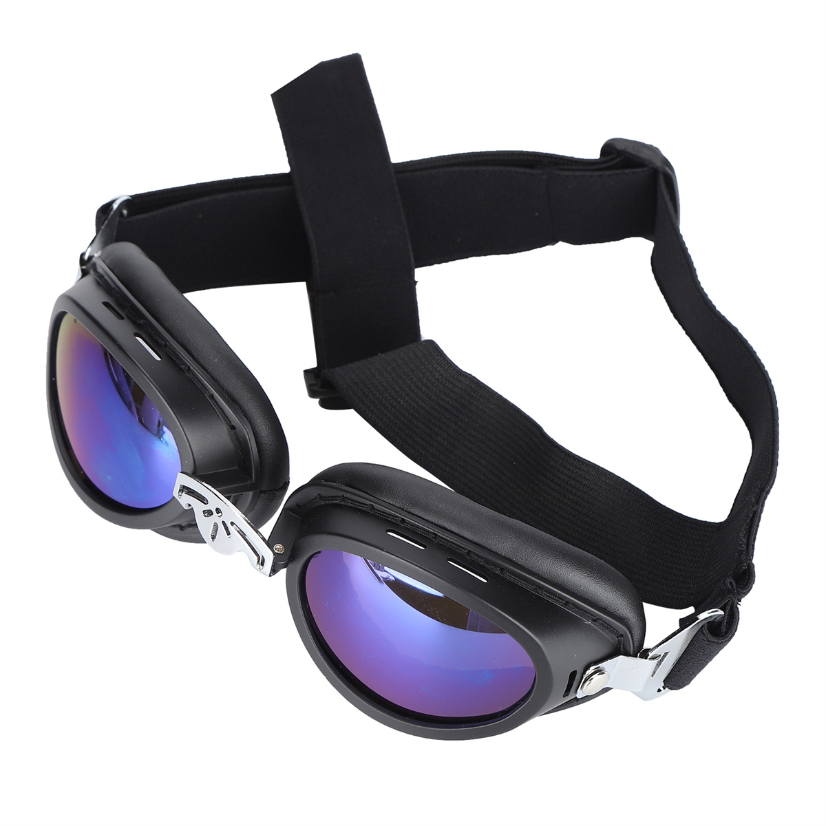 Schwarze Brille mit blau verspiegelten Gläsern auf weißem Hintergrund.