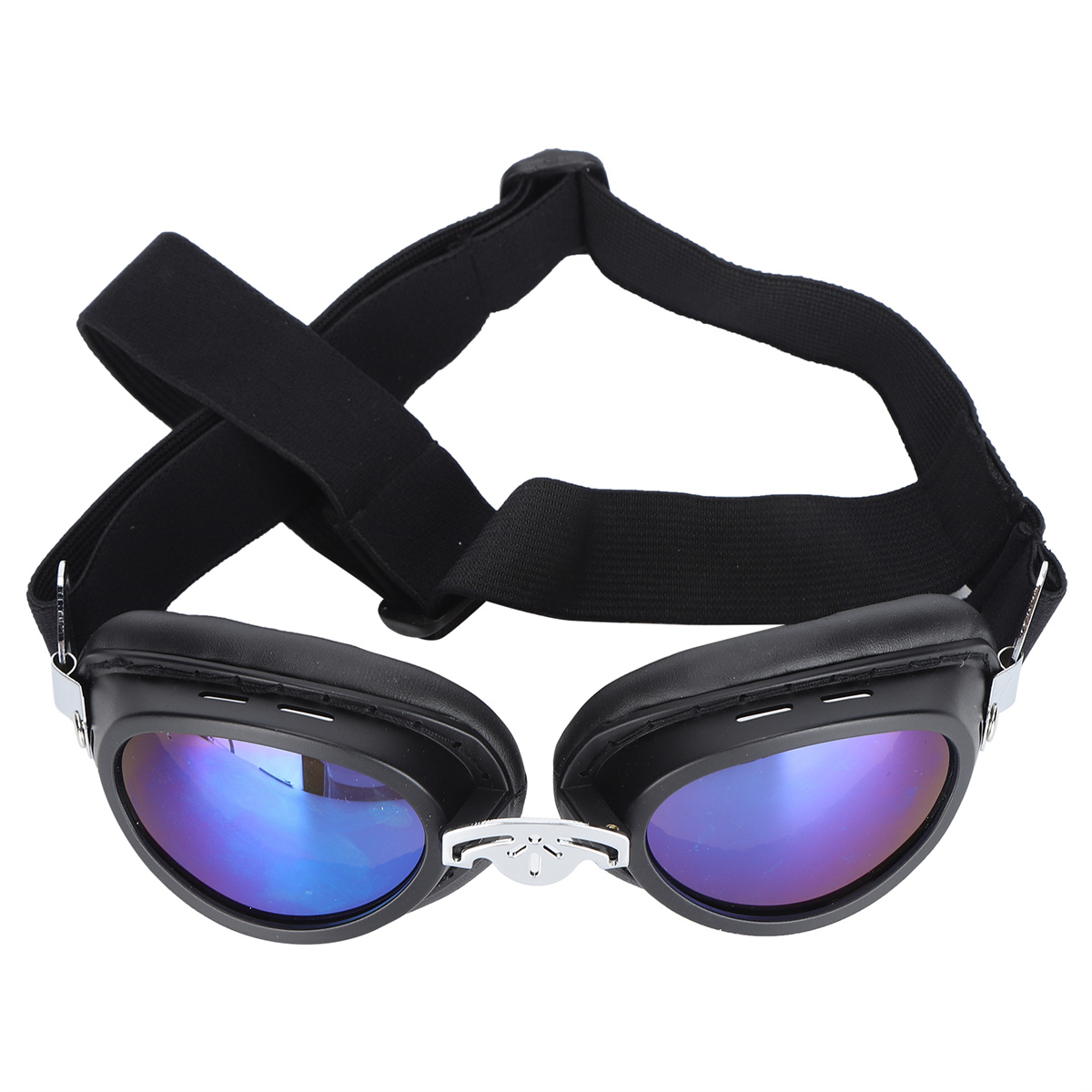 Schwarze Hundebrille mit blau verspiegelten Gläsern und schwarzem Riemen. Silberner Steg.