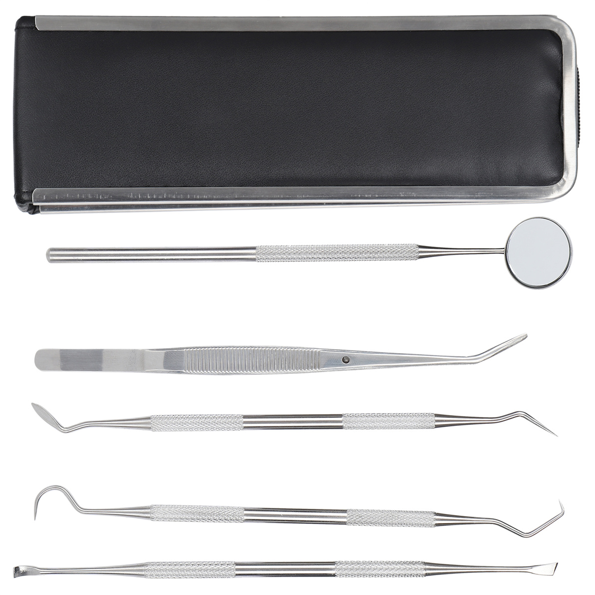 Zahnärztliche Werkzeuge, darunter ein Spiegel, eine Sonde, eine Pinzette und andere Instrumente in einem schwarzen Etui.