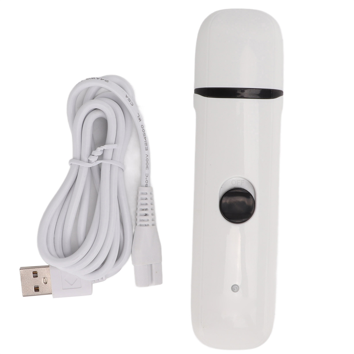 Weißer Nagelknipser mit USB-Kabel. Der Schleifer hat einen Ein/Aus-Knopf und eine Ladeanzeige.