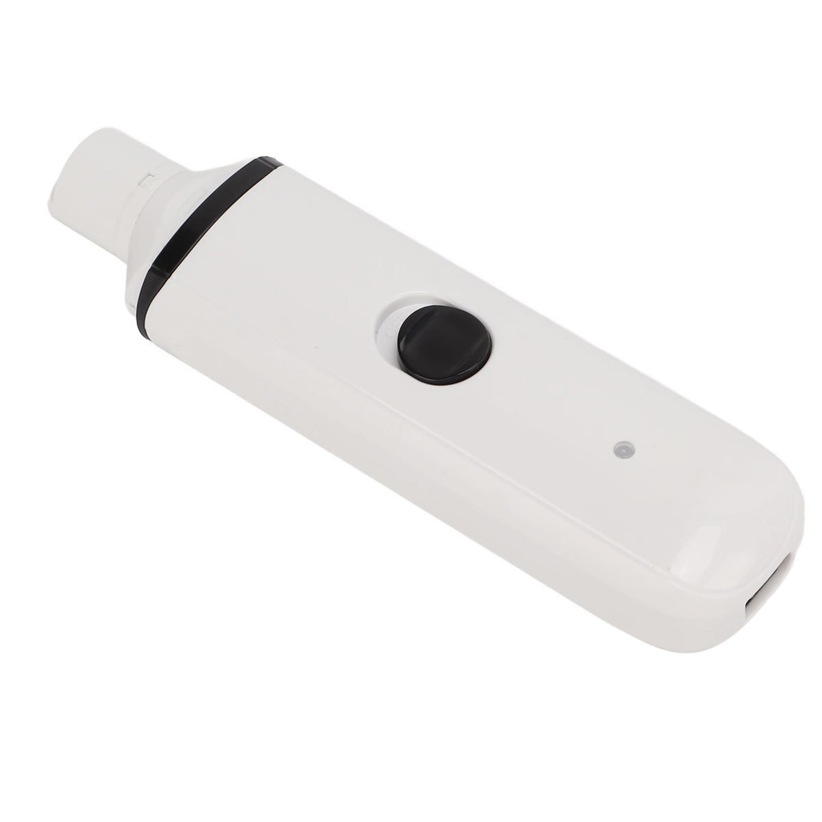 Weißes elektronisches Gerät, wahrscheinlich ein Vape Pen. Mit schwarzem Knopf und kleiner Leuchtanzeige.