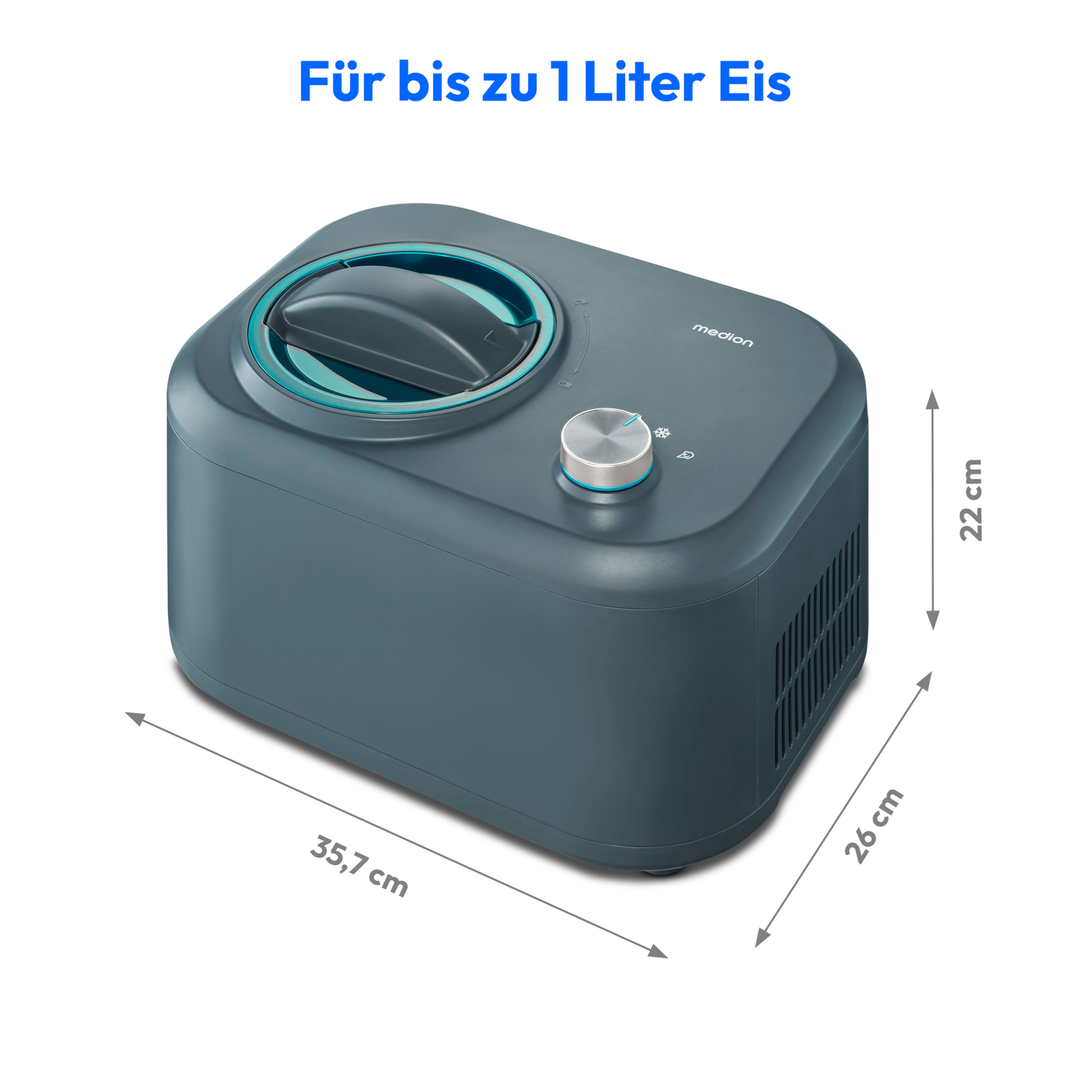 Ciemnozielona maszyna do lodów, wymiary: 35,7 cm x 26 cm x 22 cm. Tekst 'Für bis zu 1 Liter Eis'.