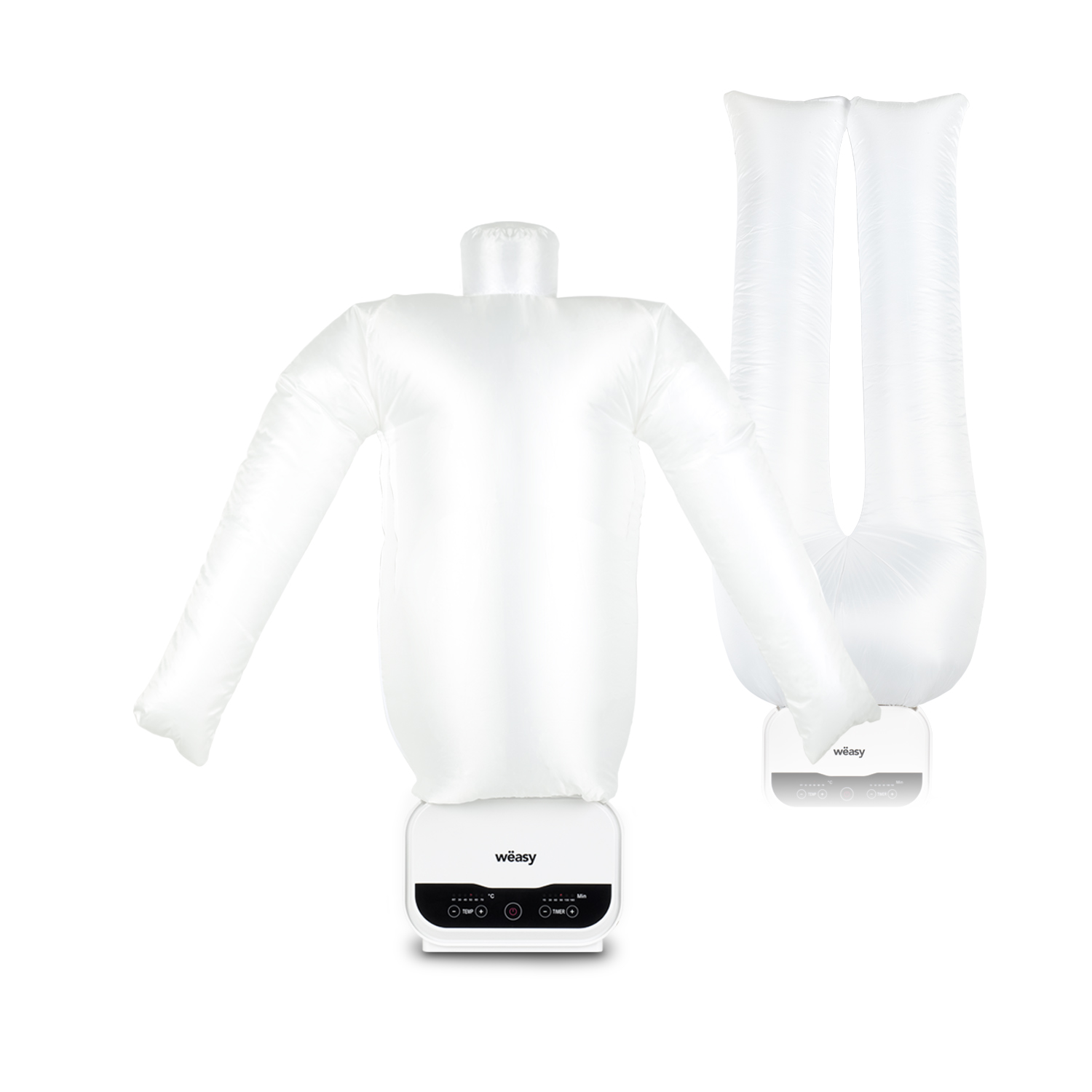 Vaporizzatore per indumenti bianco e manichino. Sfondo bianco.