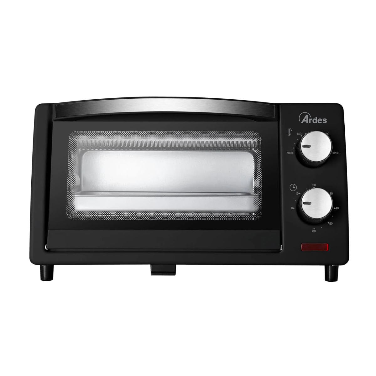 Mini horno Ardes negro. Tiene perillas de temperatura y temporizador, y un horno pequeño.