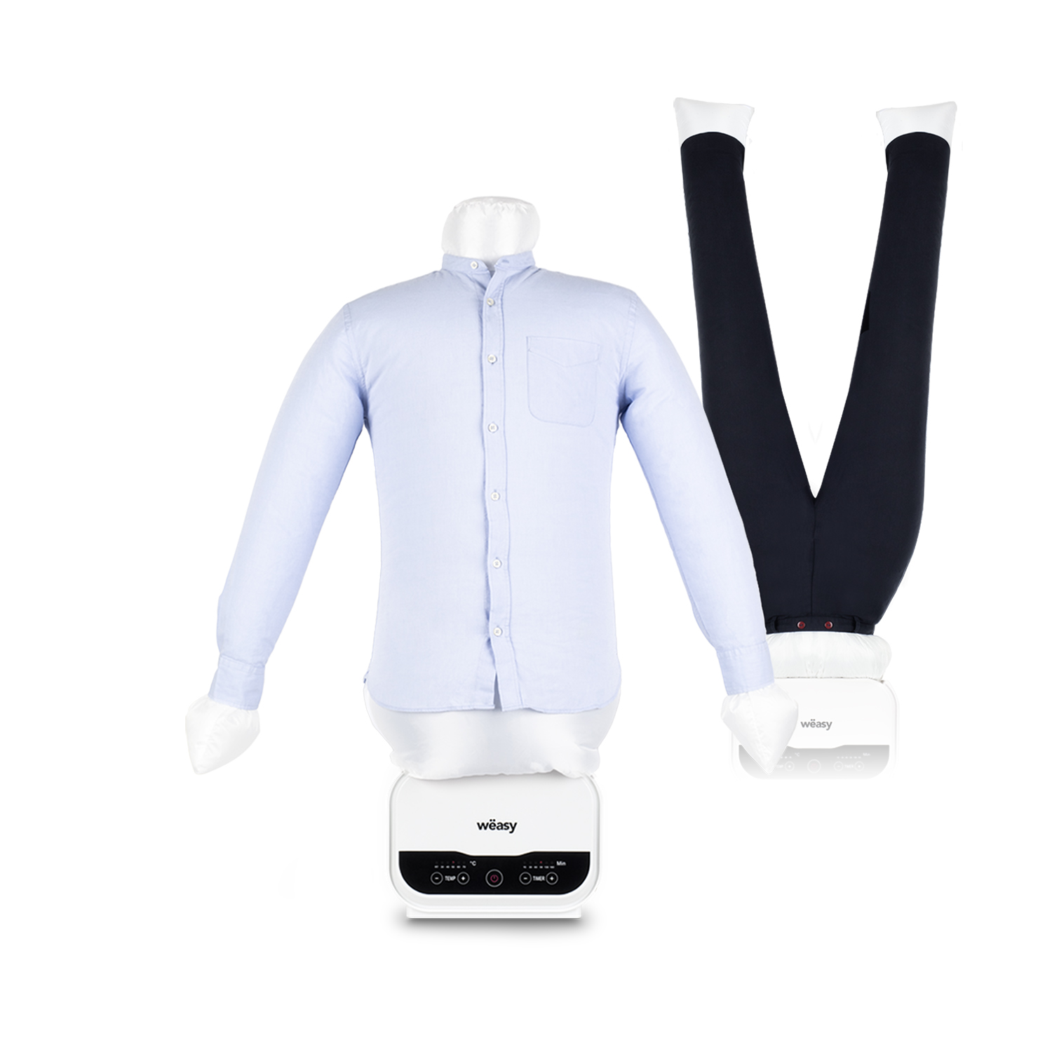 Una camicia e pantaloni su un vaporizzatore per abiti. Il vaporizzatore ha un pannello di controllo.