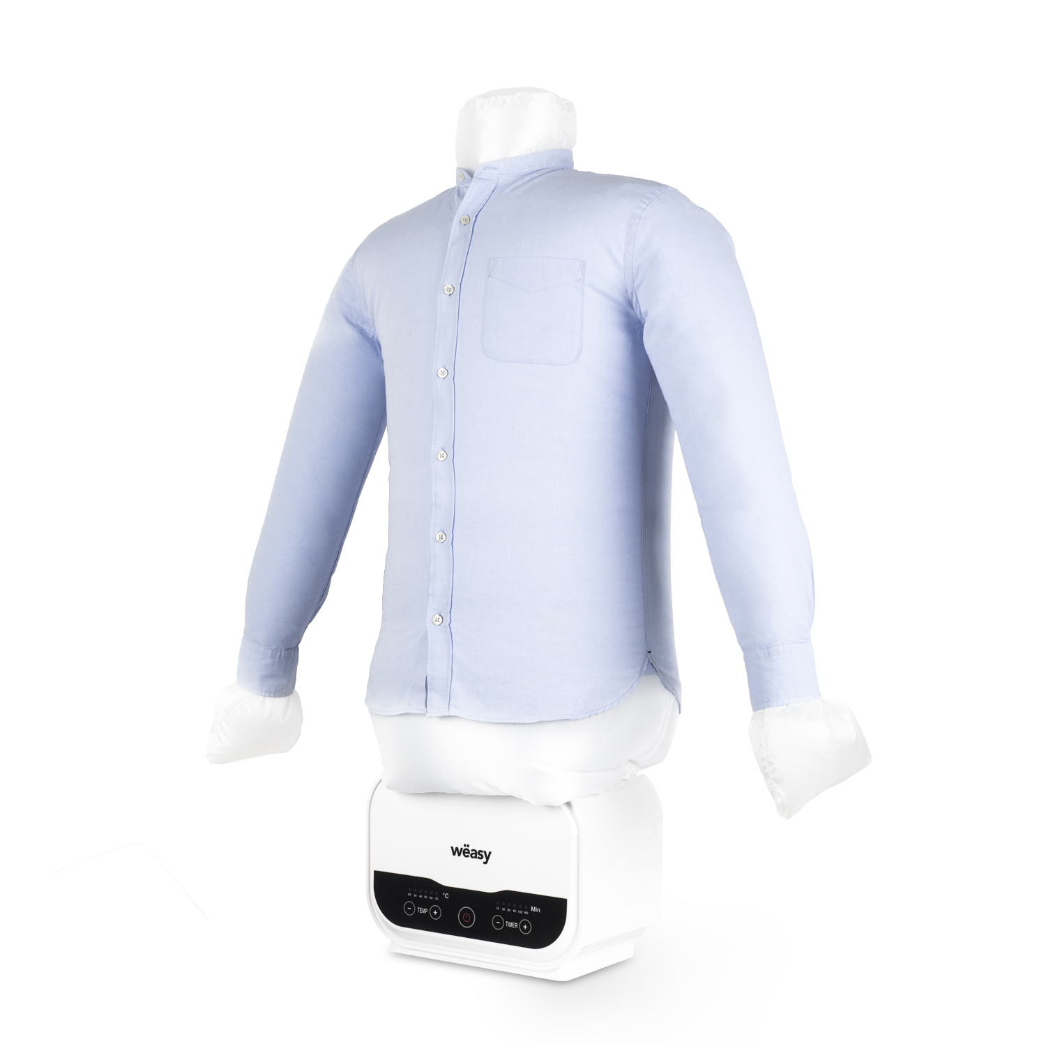 Una camicia bianca su una stiratrice per camicie. La macchina è bianca.
