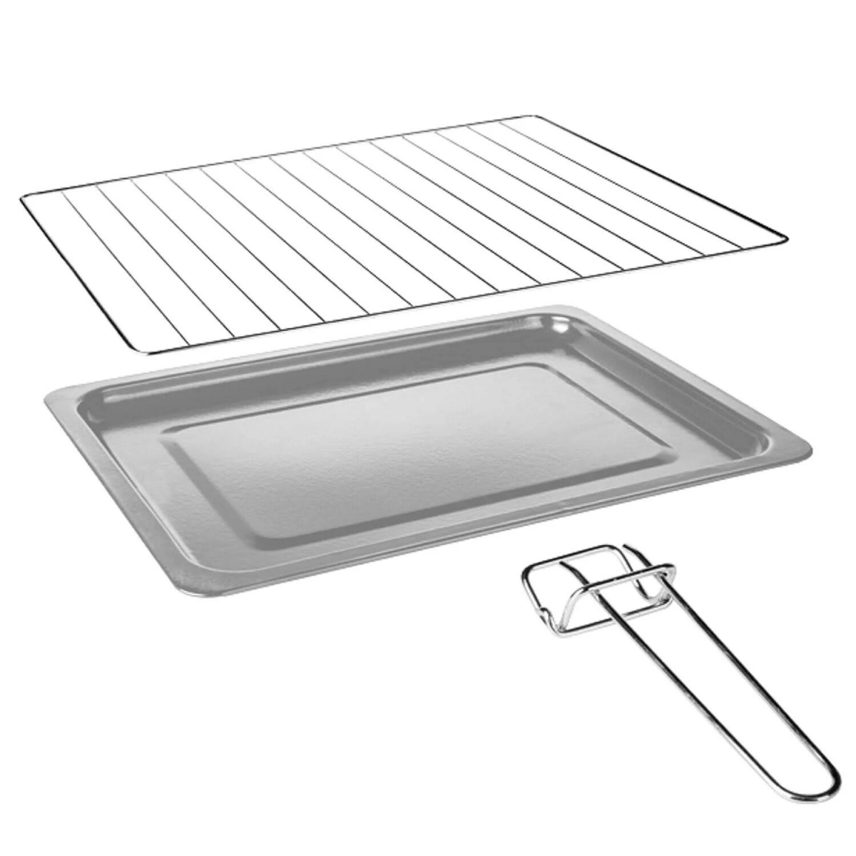 Części piekarnika: ruszt druciany, blacha do pieczenia i uchwyt, wszystko w kolorze srebrnym.