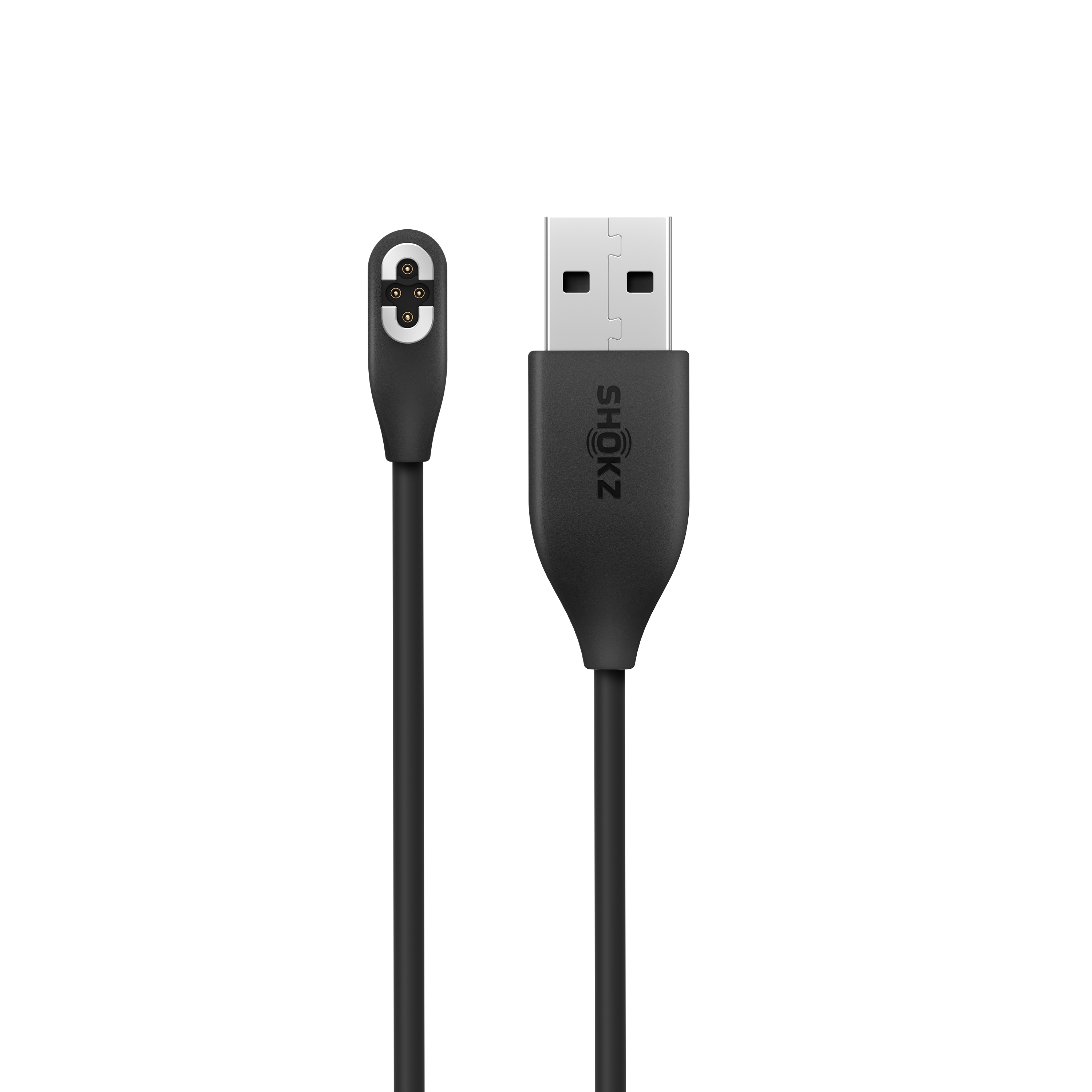 Czarny kabel ładujący USB Shokz. USB-A na jednym końcu i magnetyczne złącze ładowania na drugim.