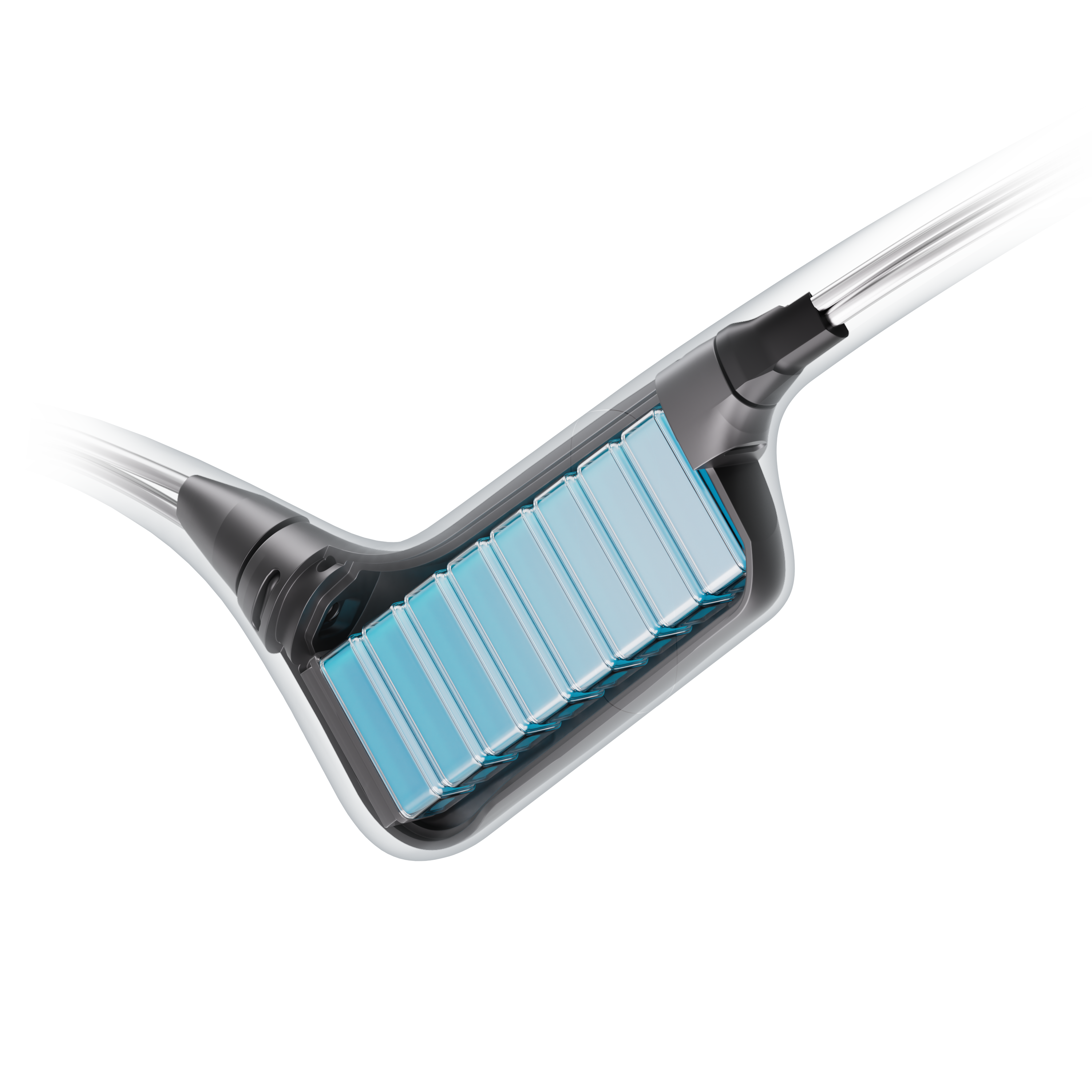 Przekrój główki kija golfowego z niebieską strukturą wewnętrzną, na białym tle.