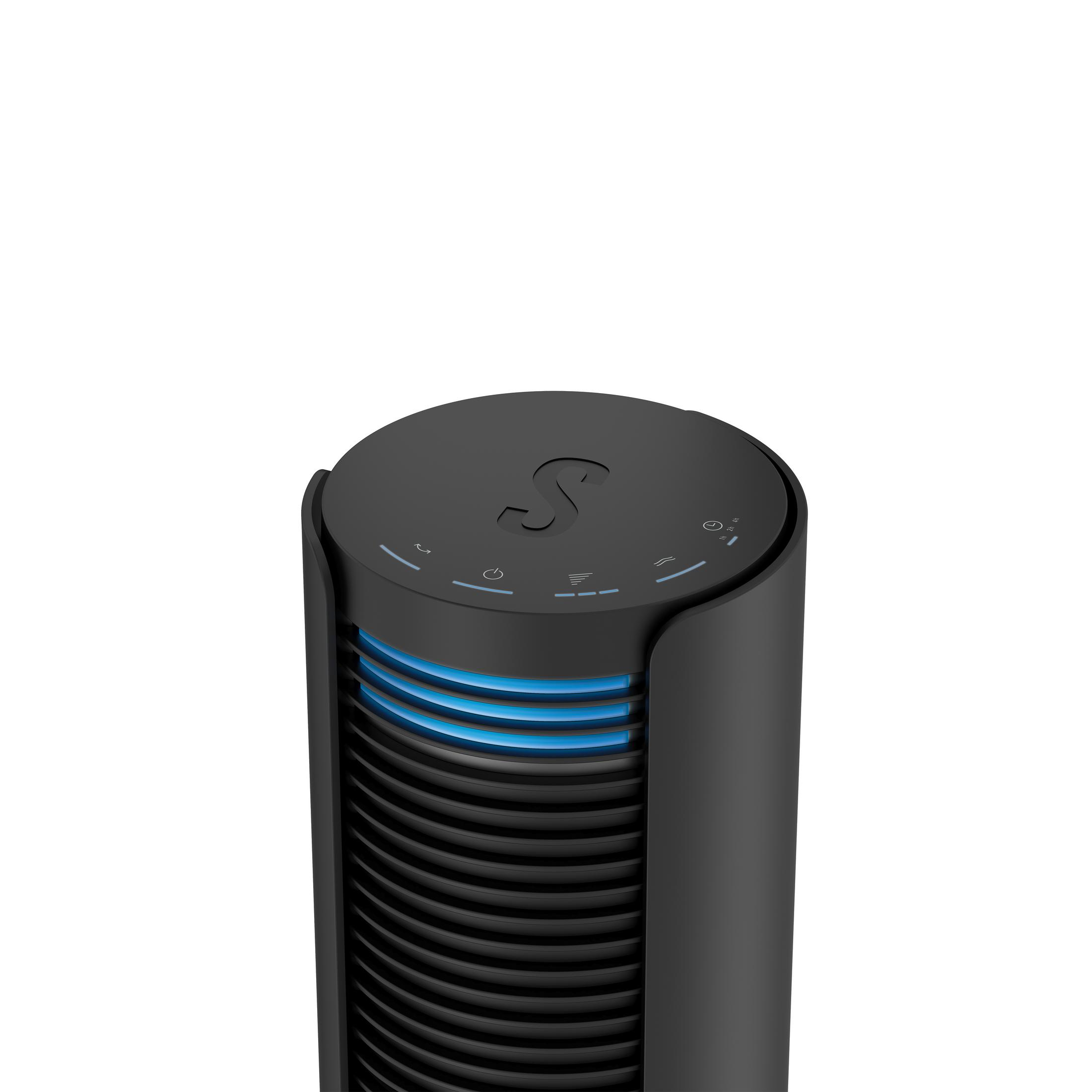 Purificateur d'air noir avec un anneau lumineux bleu. Il présente un design élégant et cylindrique. Isolé sur blanc.