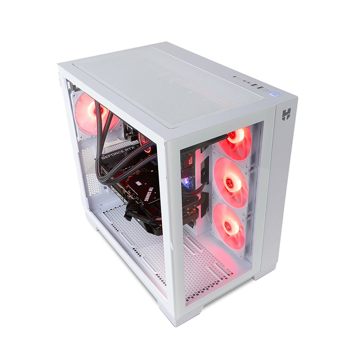 Carcasa de computadora blanca con iluminación interna roja. La carcasa está abierta, revelando componentes.