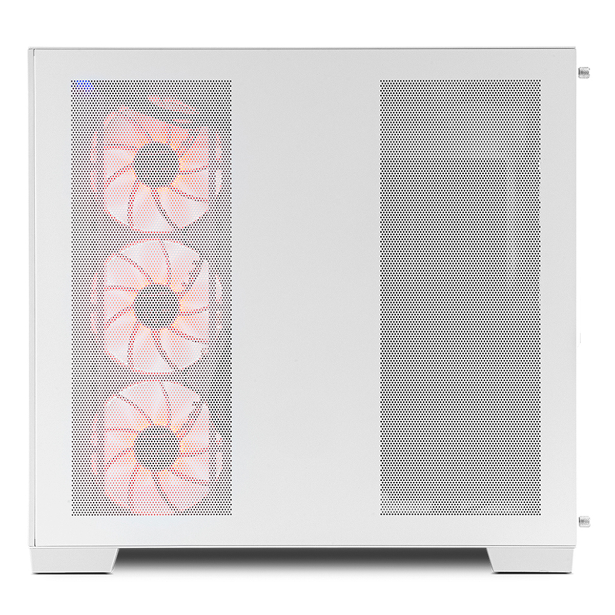Carcasa de computadora blanca con ventiladores visibles. Tres ventiladores con luces rojas y naranjas.