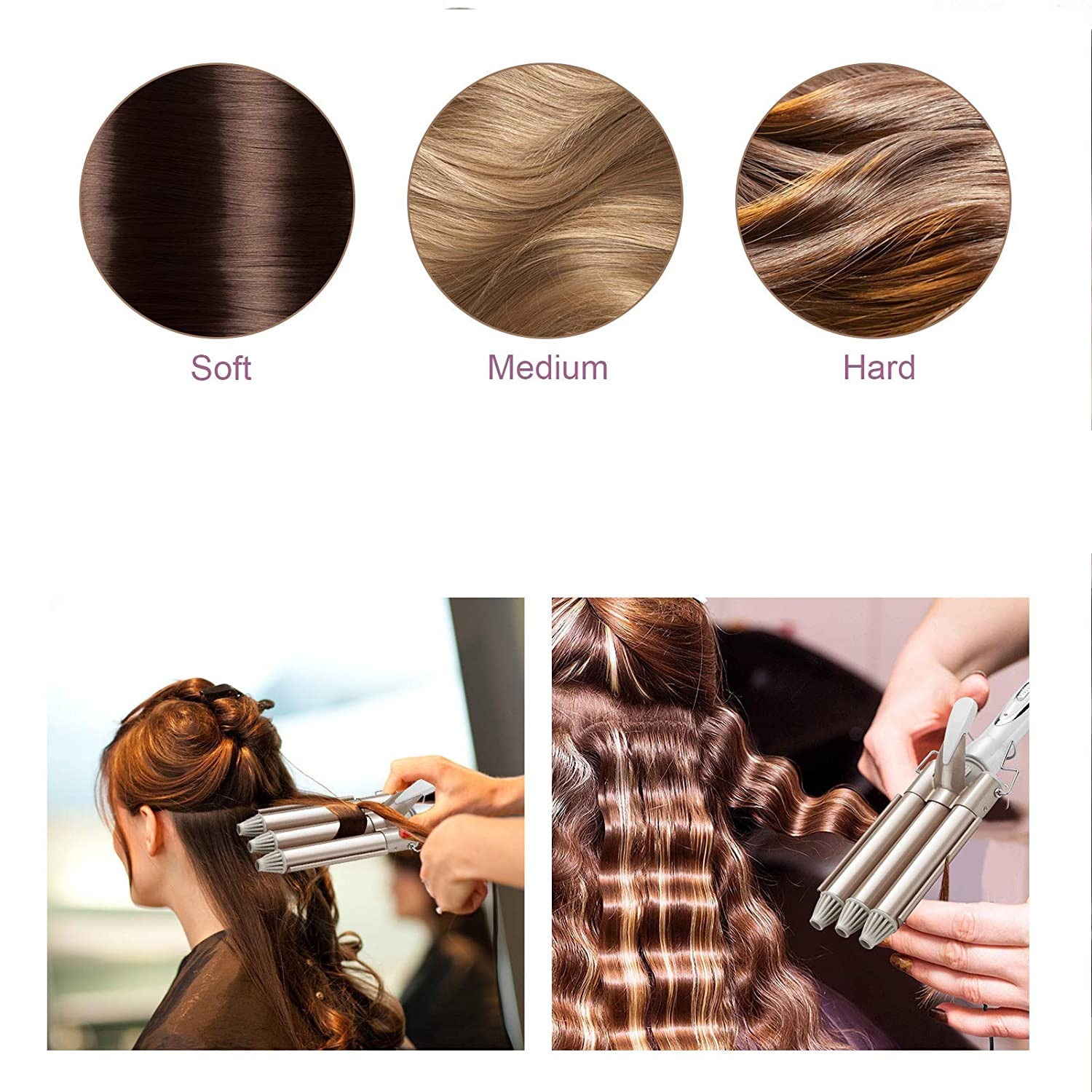 Lokówki z trzema próbkami włosów. Włosy kobiety są kręcone. Próbki są miękkie, średnie i twarde.