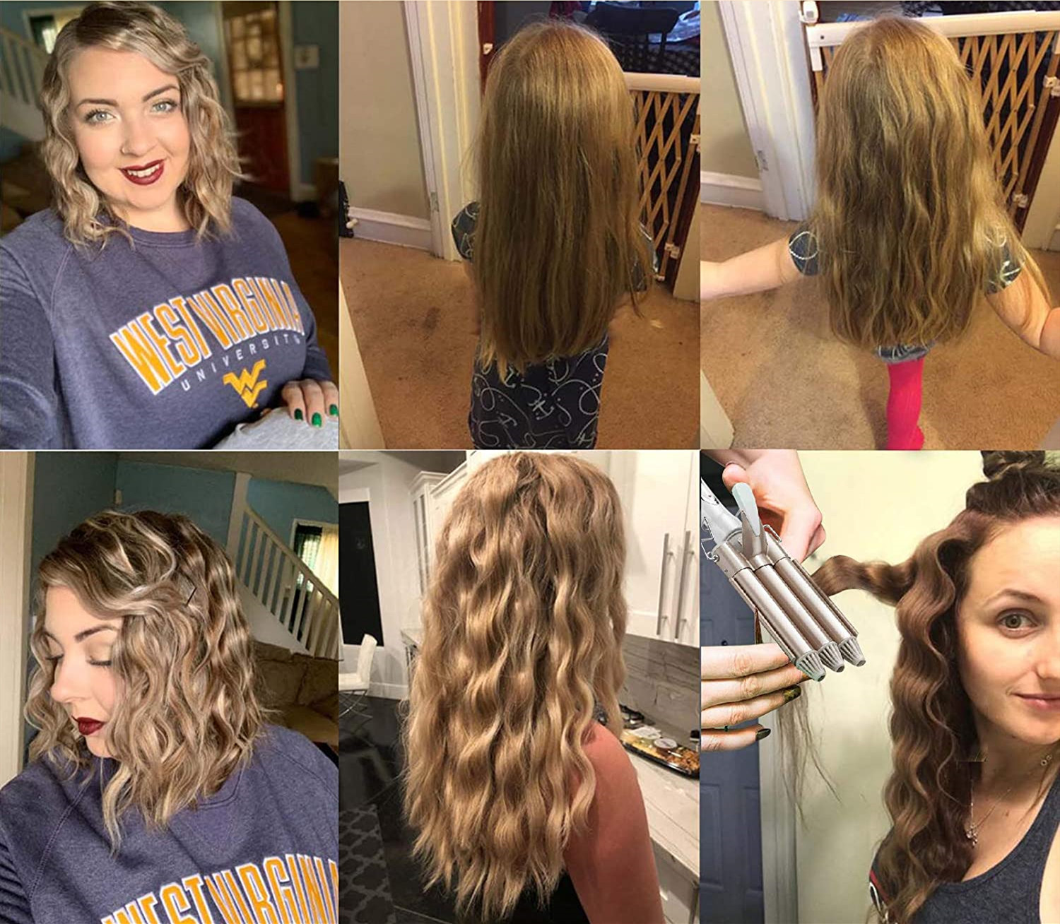 Kolaż zdjęć przedstawiających kobietę i dziecko z falowanymi fryzurami, z różnymi procesami kręcenia.