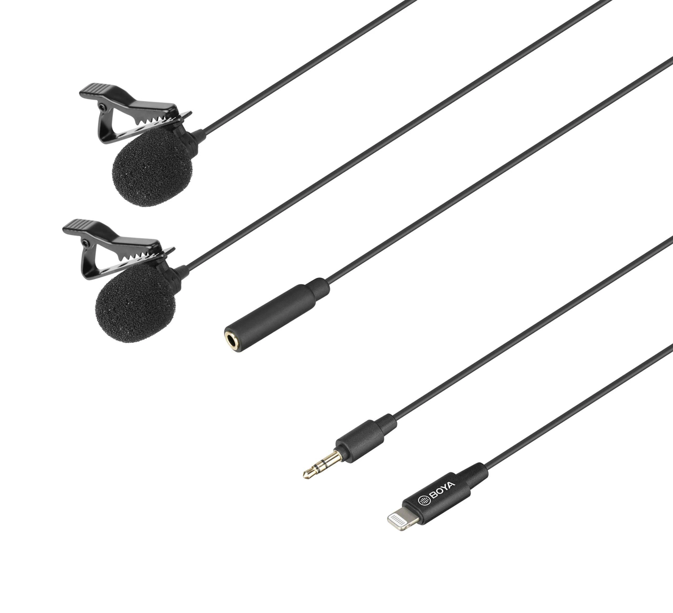 Two black lavalier microphones with clips and cables, with a connector and a lightning adapter.
