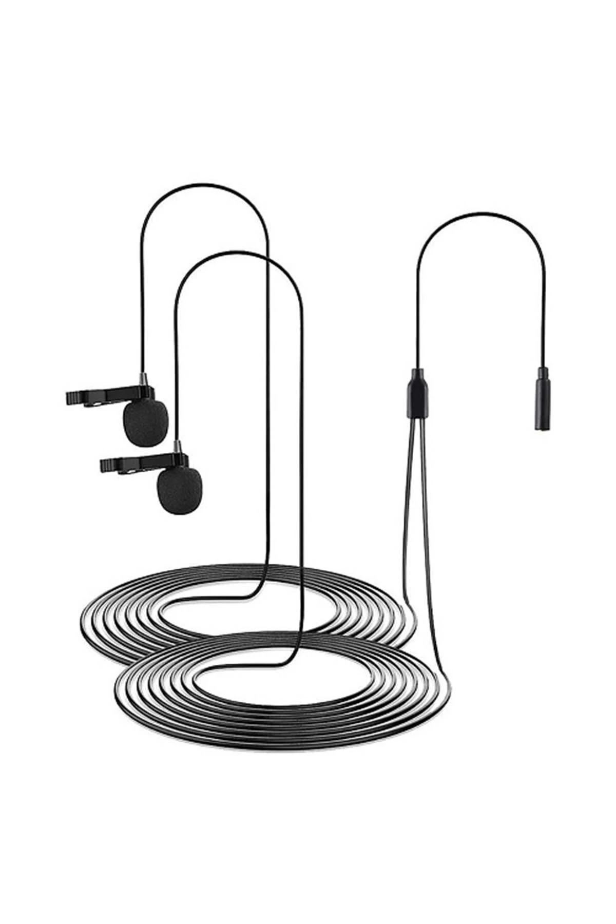 Black lavalier microphones with attached cables, coiled around a white background.