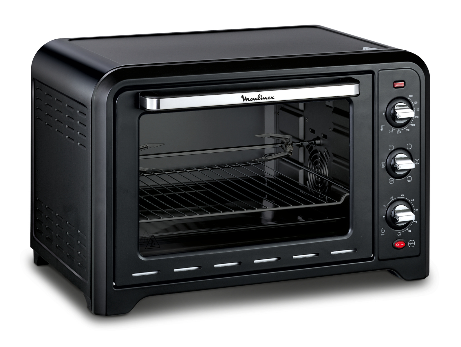 Czarny piekarnik Moulinex z pokrętłami, wyświetlaczem i szklanymi drzwiami.
