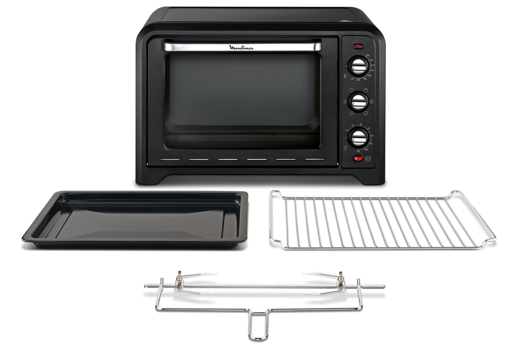 Czarny piekarnik w stylu retro z akcesoriami: blacha do pieczenia, ruszt i rożen, białe tło.