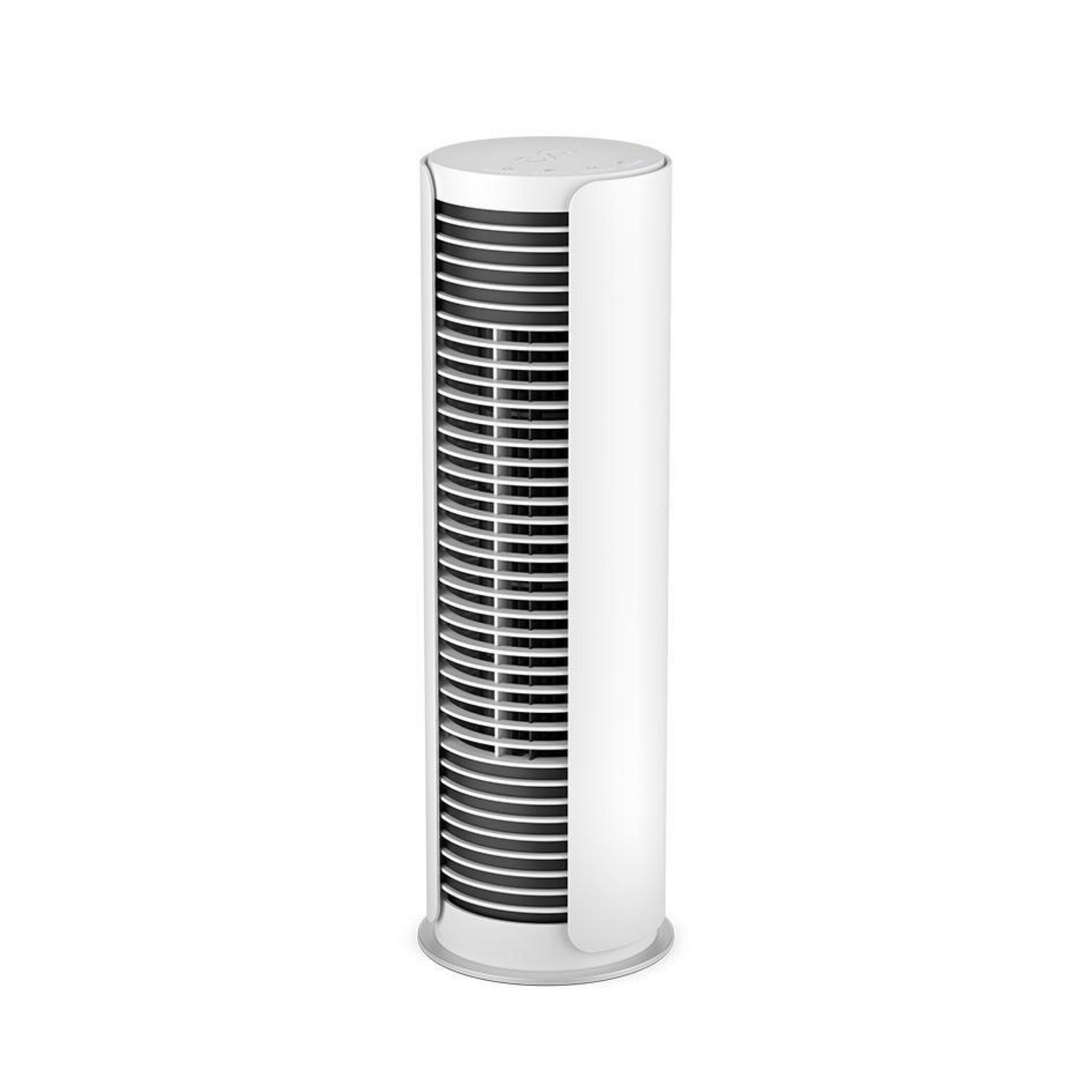 Purificateur d'air blanc, grand, avec grille noire et base blanche, sur fond blanc.