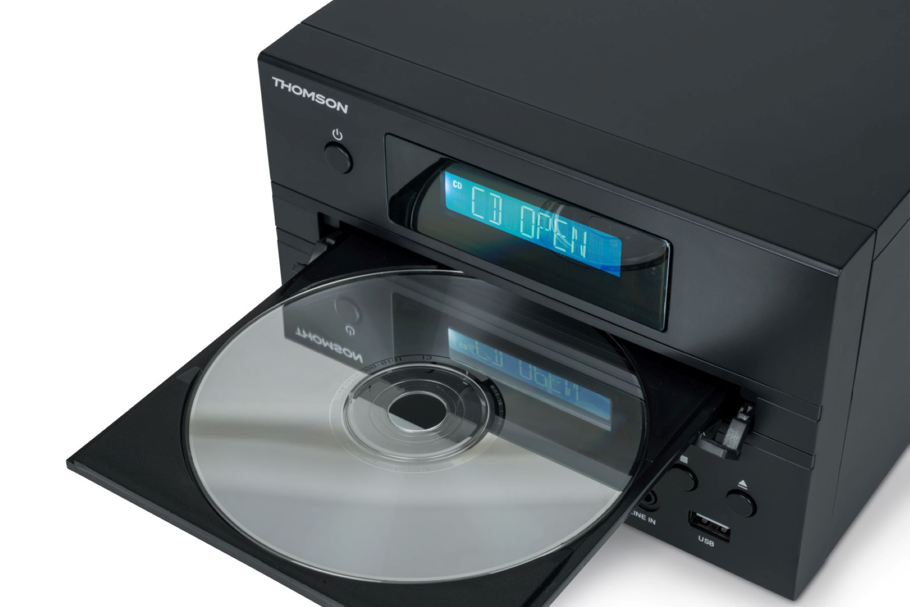Czarny odtwarzacz CD z otwartą szufladą, CD w środku i wyświetlaczem 'CD OPEN'.