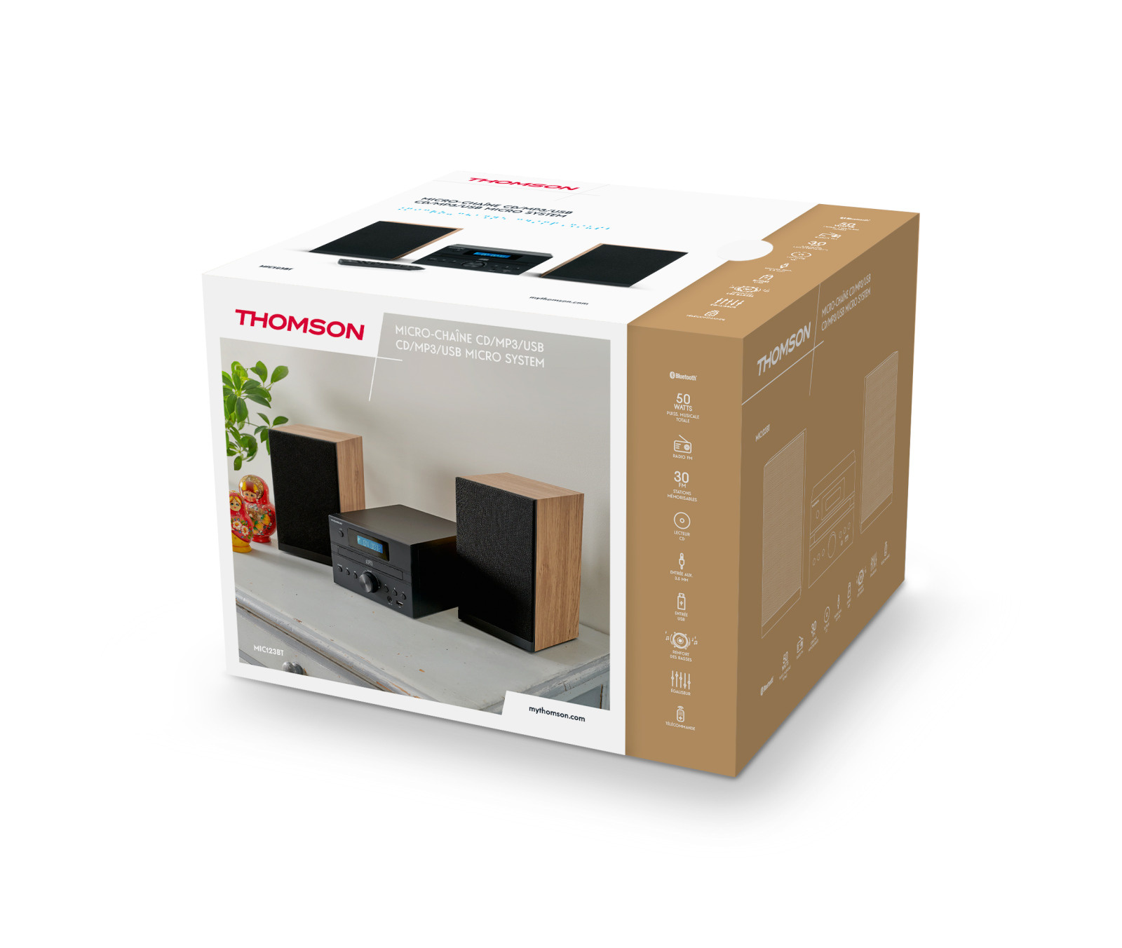 Pudełko systemu audio Thomson micro-chaine. Pokazuje system CD/MP3/USB, głośniki i pilot.