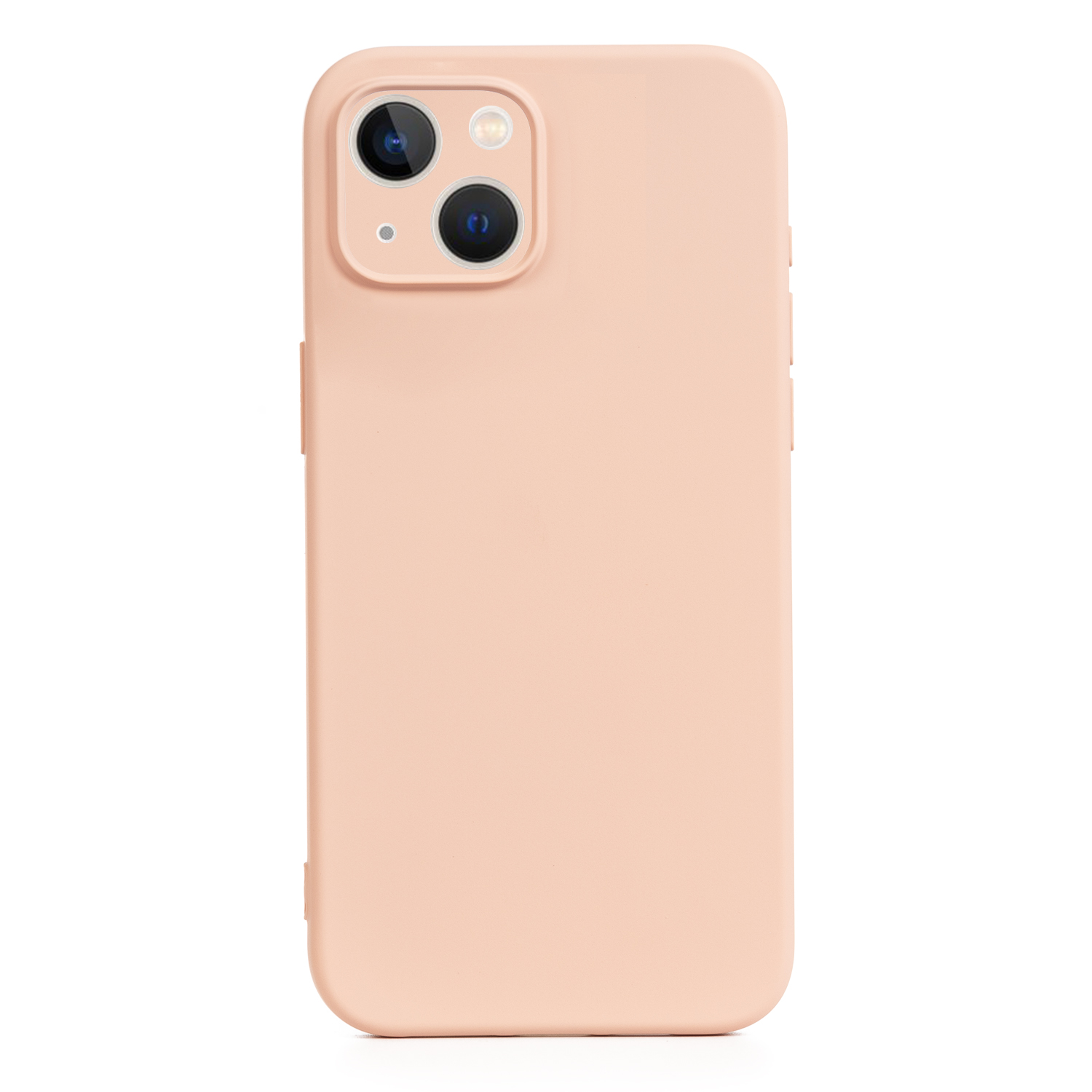 Una custodia per telefono color pesca con una fotocamera a doppio obiettivo. È su una superficie bianca.