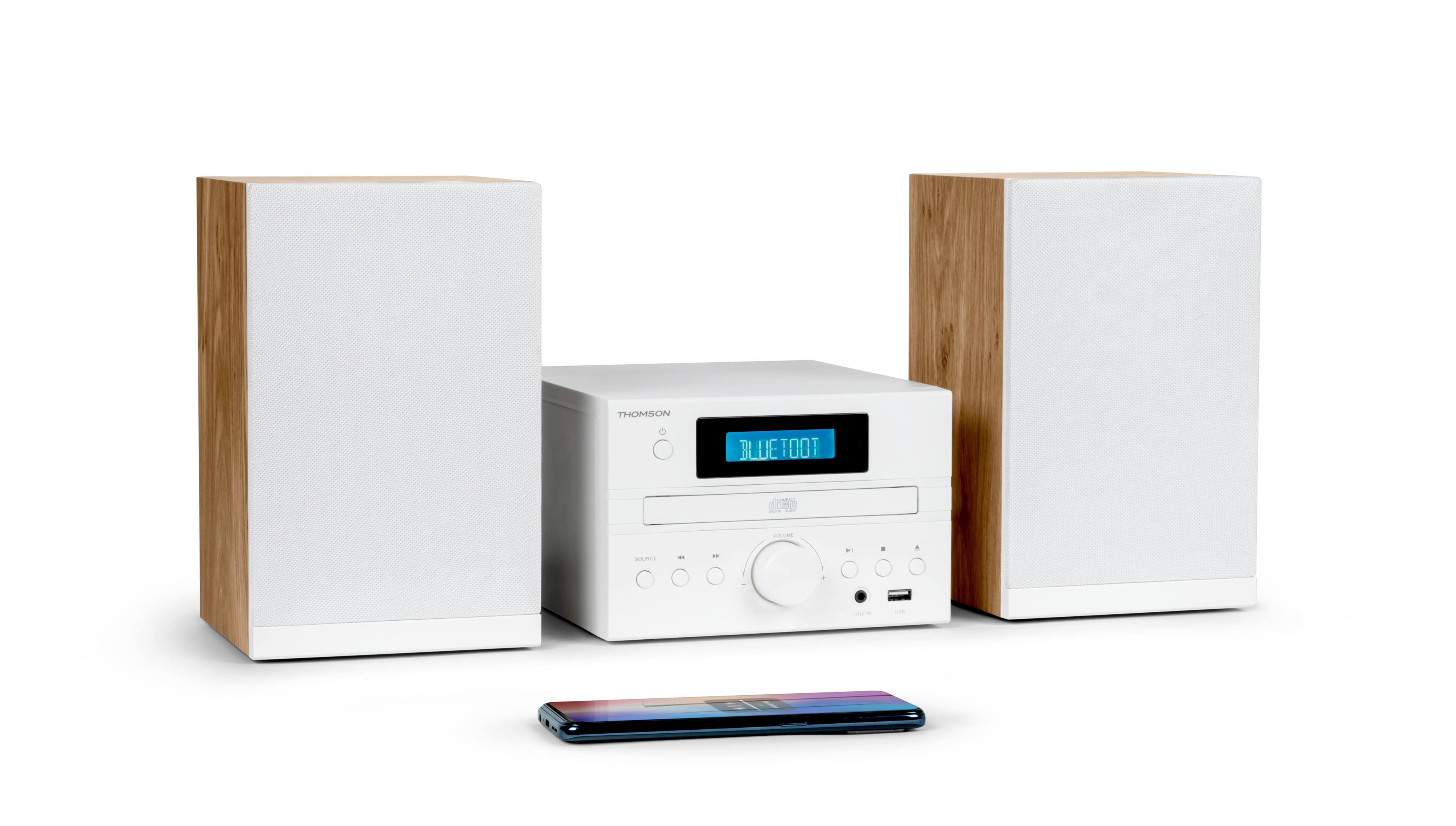 Biały zestaw stereo z dwoma głośnikami i jednostką centralną z odtwarzaczem CD i telefonem.