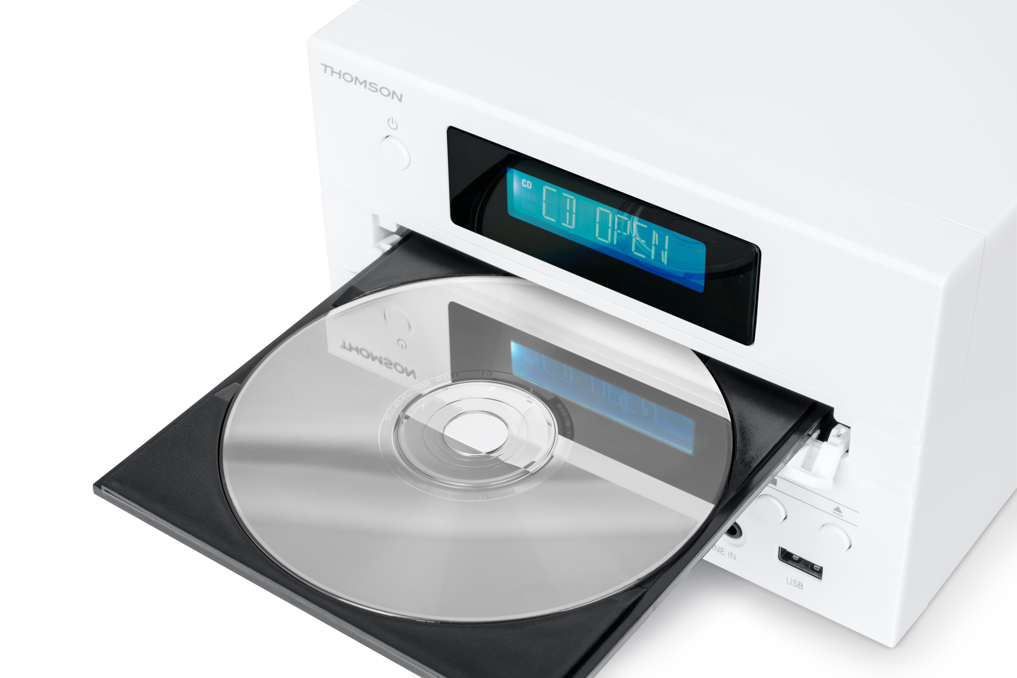 Biały odtwarzacz CD z otwartą szufladą, wyświetlający 'CD OPEN'.