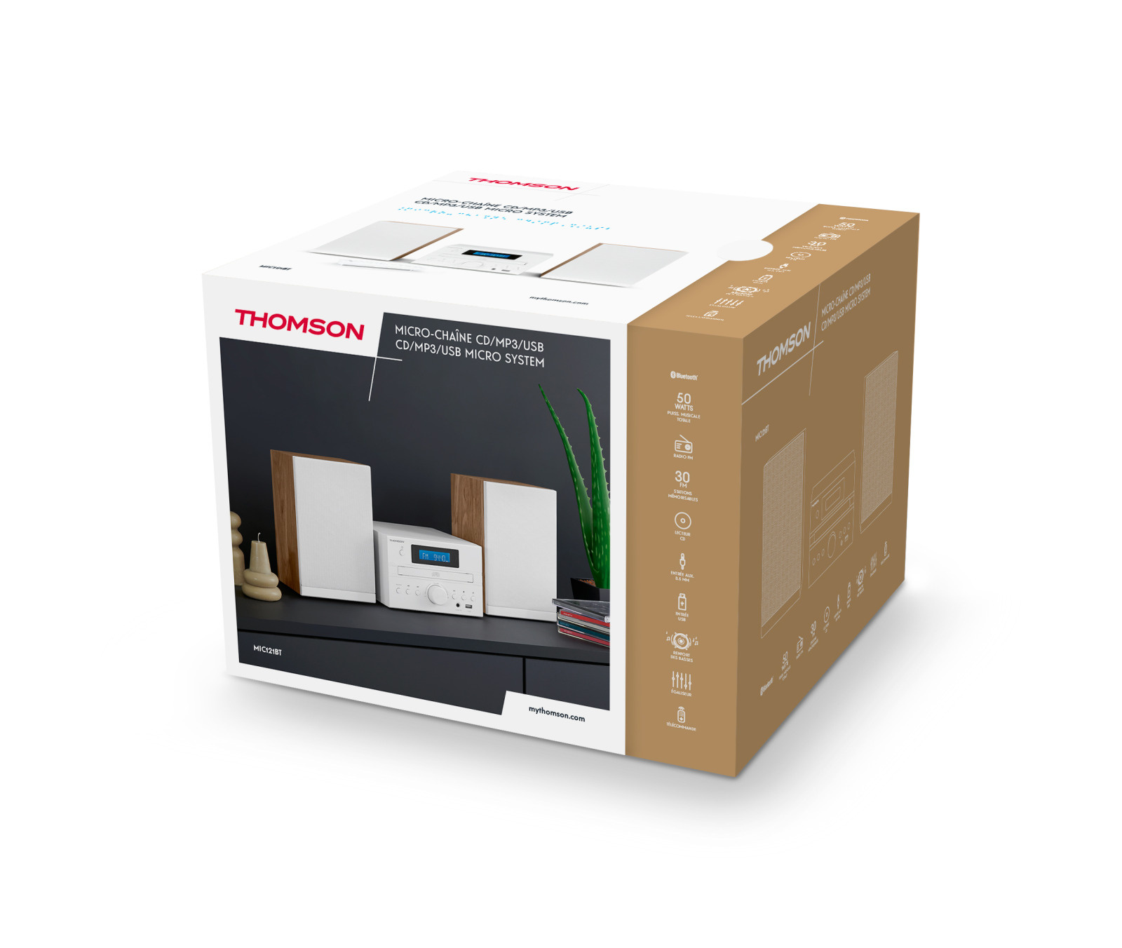 Pudełko z białą ramą i systemem stereo w środku. Pudełko i stereo na białym tle.