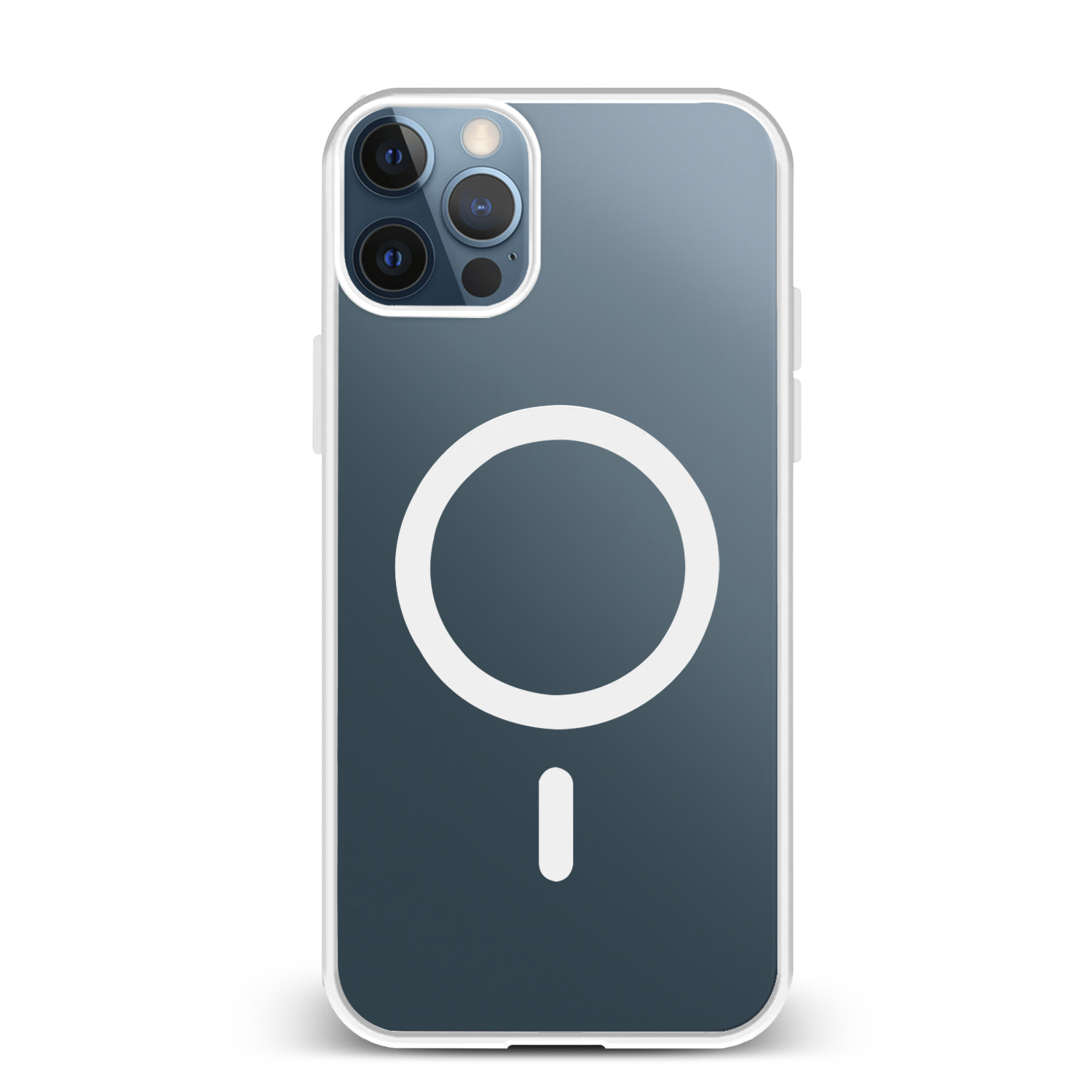 Un iPhone con una custodia trasparente, che mostra il retro. Un cerchio bianco con un segno meno.