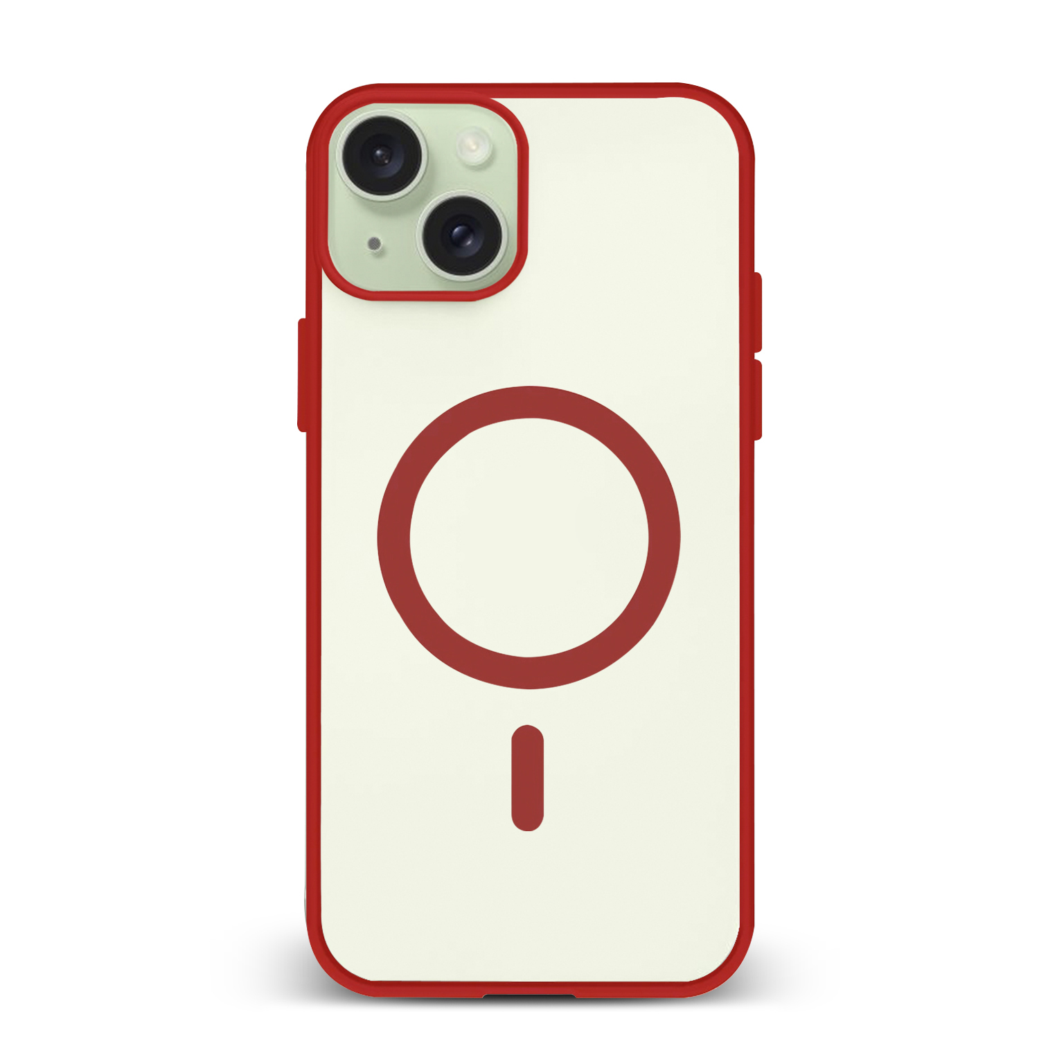 Custodia per telefono bianco sporco con cornice rossa e design a cerchio rosso sul retro.