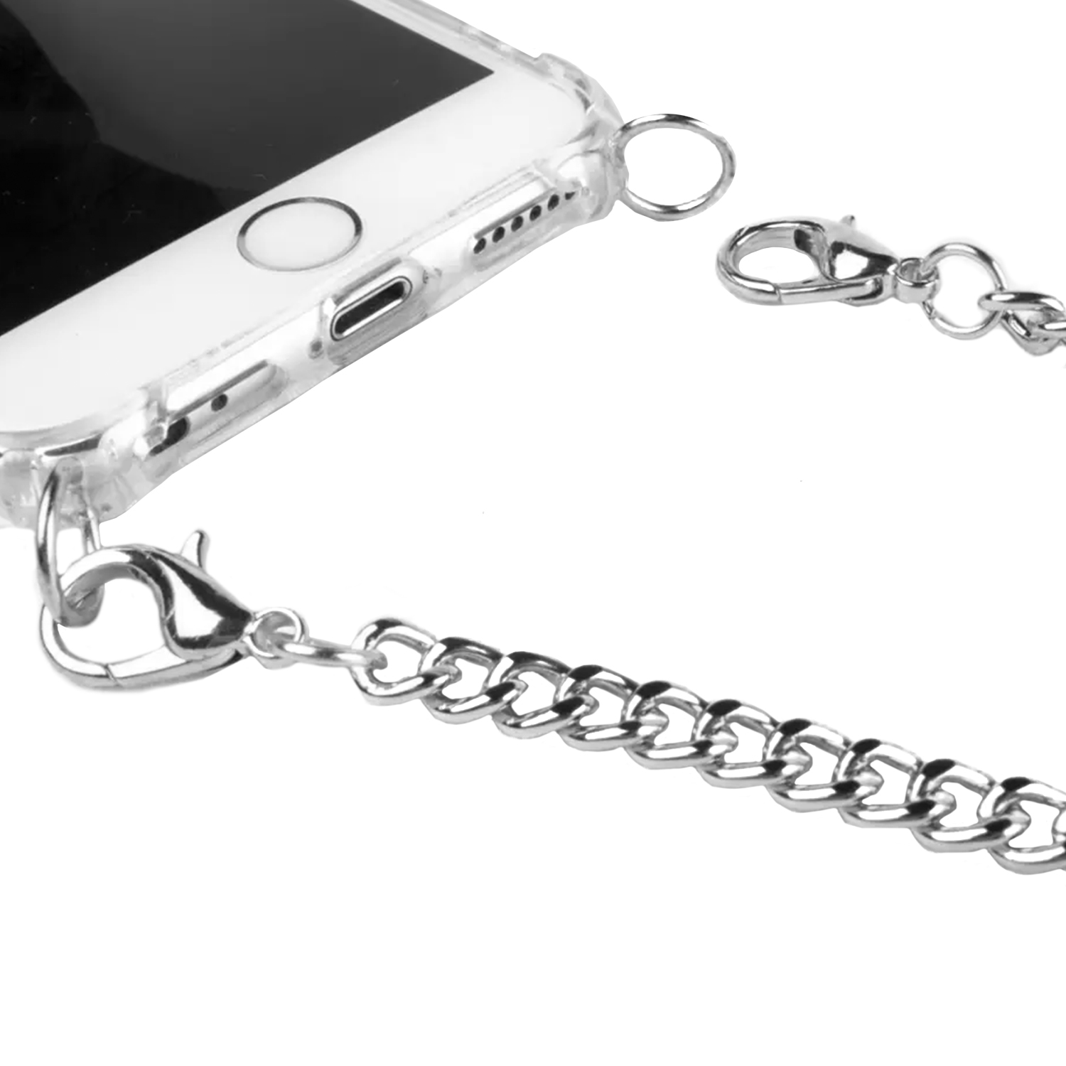 Custodia trasparente con catena, clip. Telefono parzialmente visibile. Sfondo bianco.